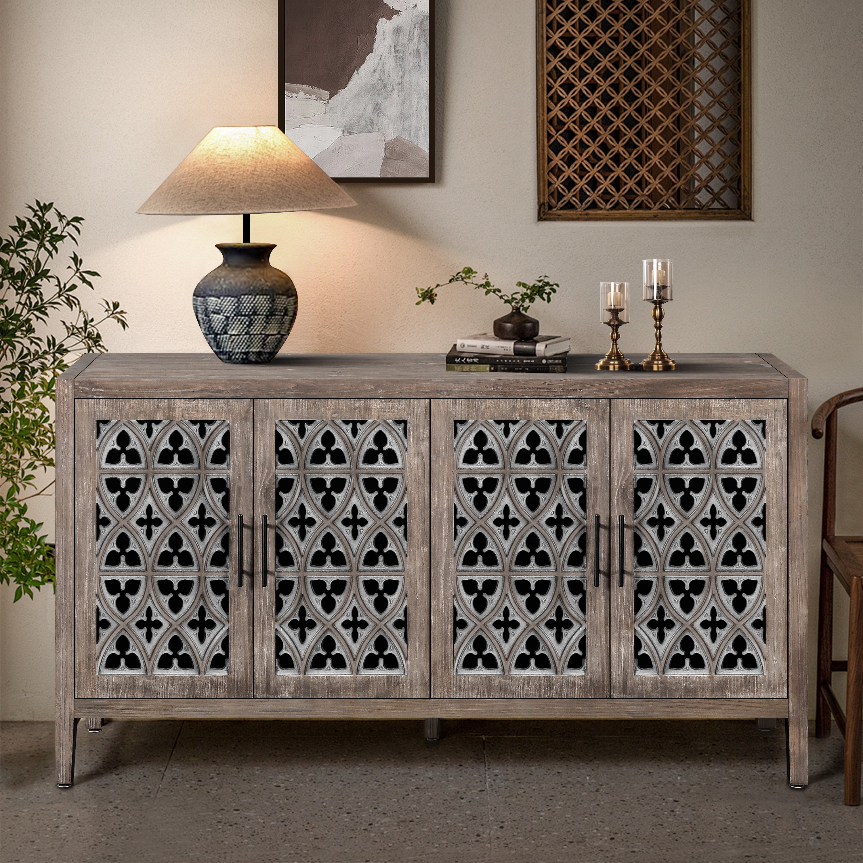 Armoire creuse antique à quatre portes, style campagnard américain, idéale pour le salon, le meuble TV ou la cuisine (marron)