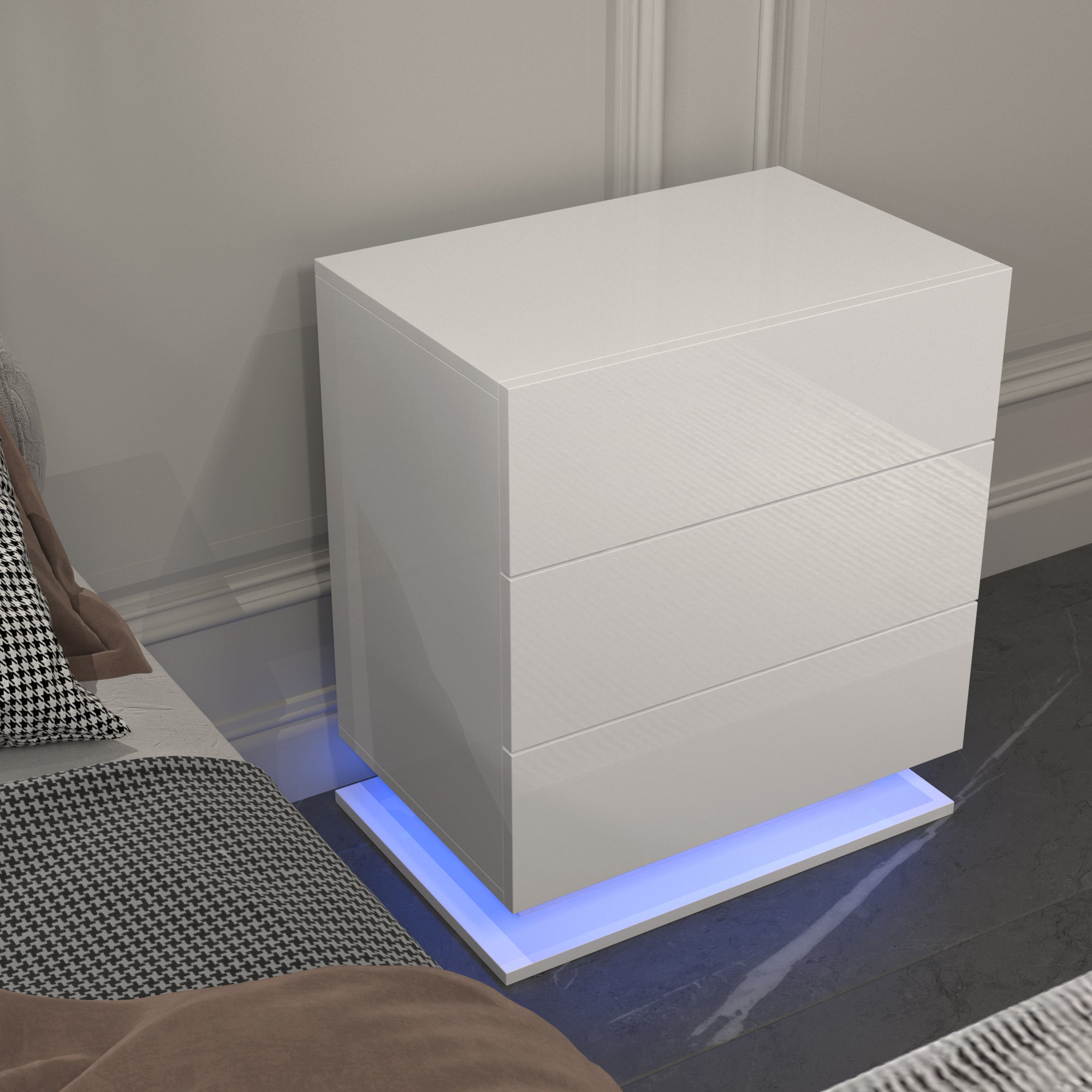 Table de chevet LED avec 3 tiroirs, table de chevet blanche, table d'appoint moderne pour chambre à coucher