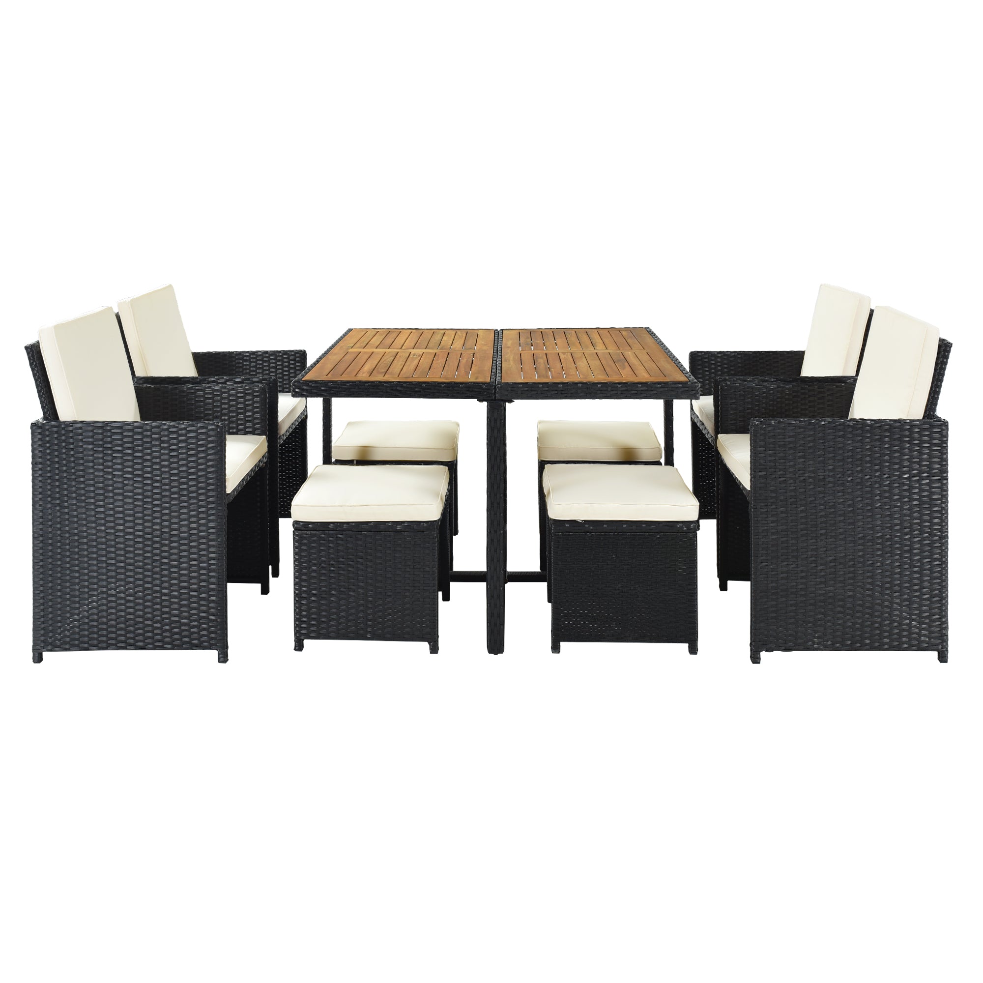 Ensemble de salle à manger TOPMAX Patio en osier PE toutes saisons avec plateau en bois pour 8 personnes, rotin noir et coussin beige (9 pièces)