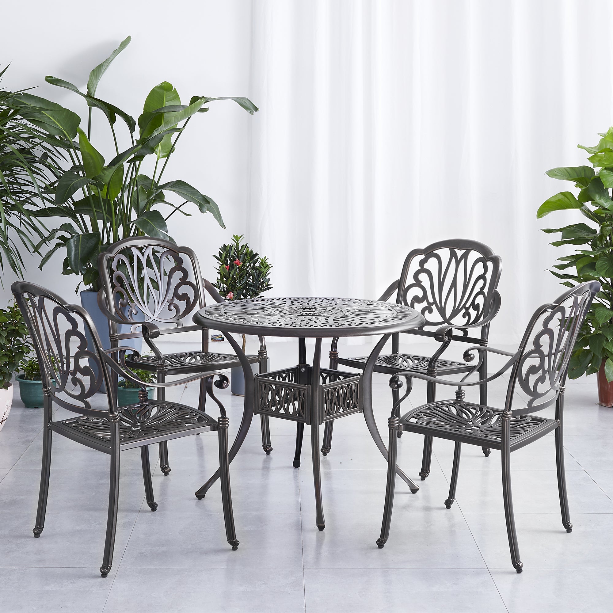 Ensemble de 5 tables à manger pour meubles d'extérieur comprenant 1 table ronde et 4 chaises avec trou pour parasol