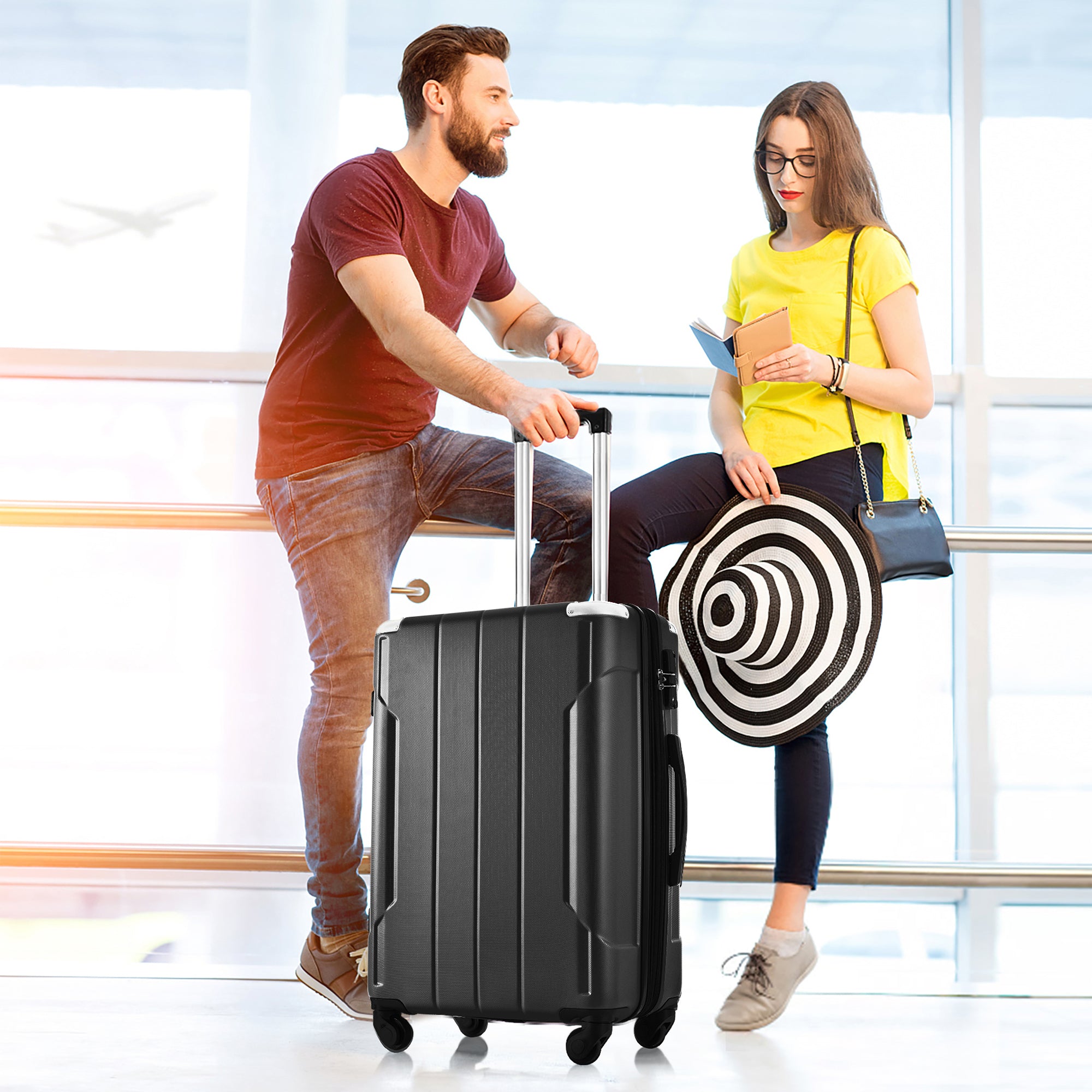 Ensemble de 3 valises rigides à roulettes avec serrure TSA, légères, 50,8 cm, 61 cm, 71 cm, noires et ABS