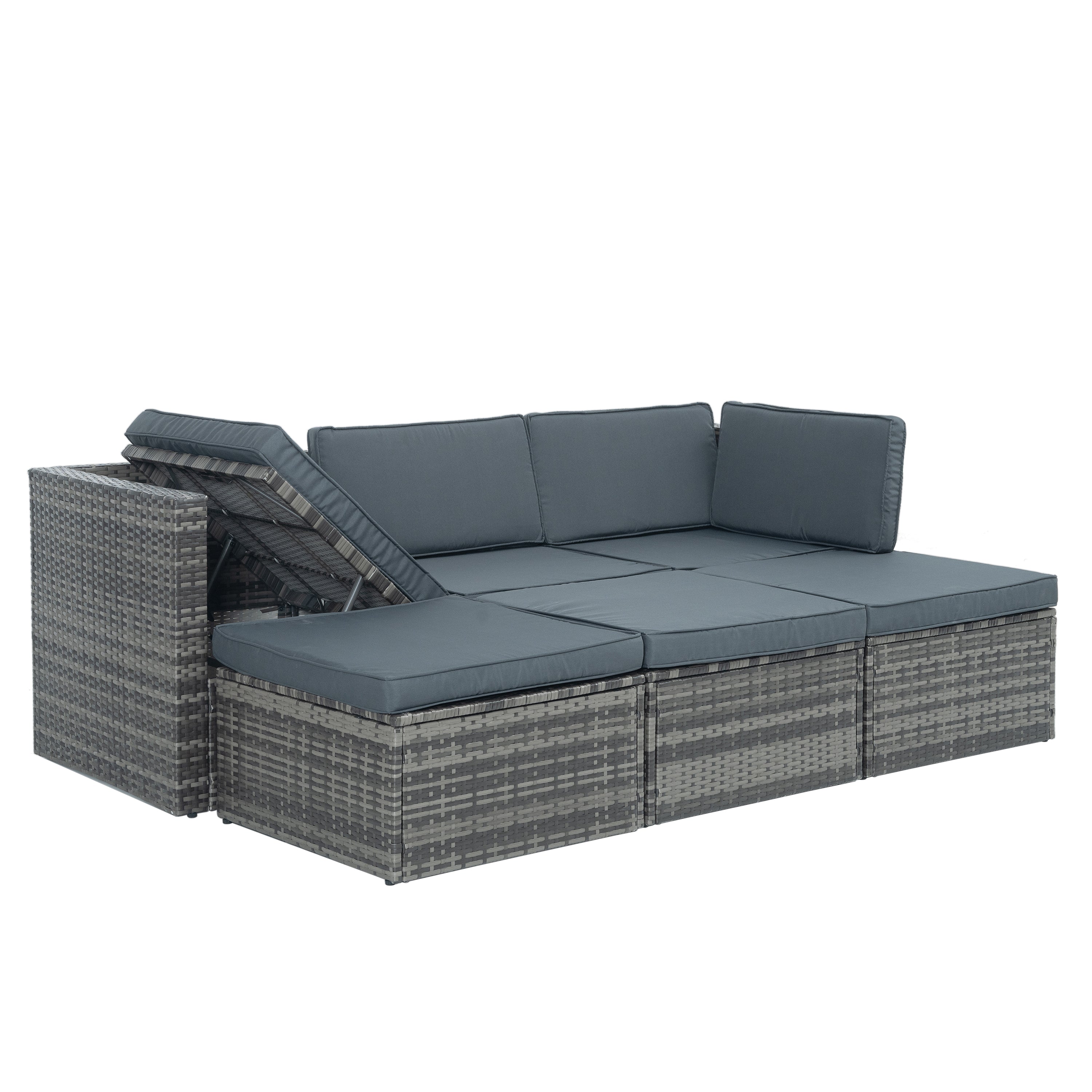 Mobilier de jardin, mobilier d'extérieur, mobilier saisonnier en osier PE, ensemble de 5 meubles en osier avec table basse en contreplaqué