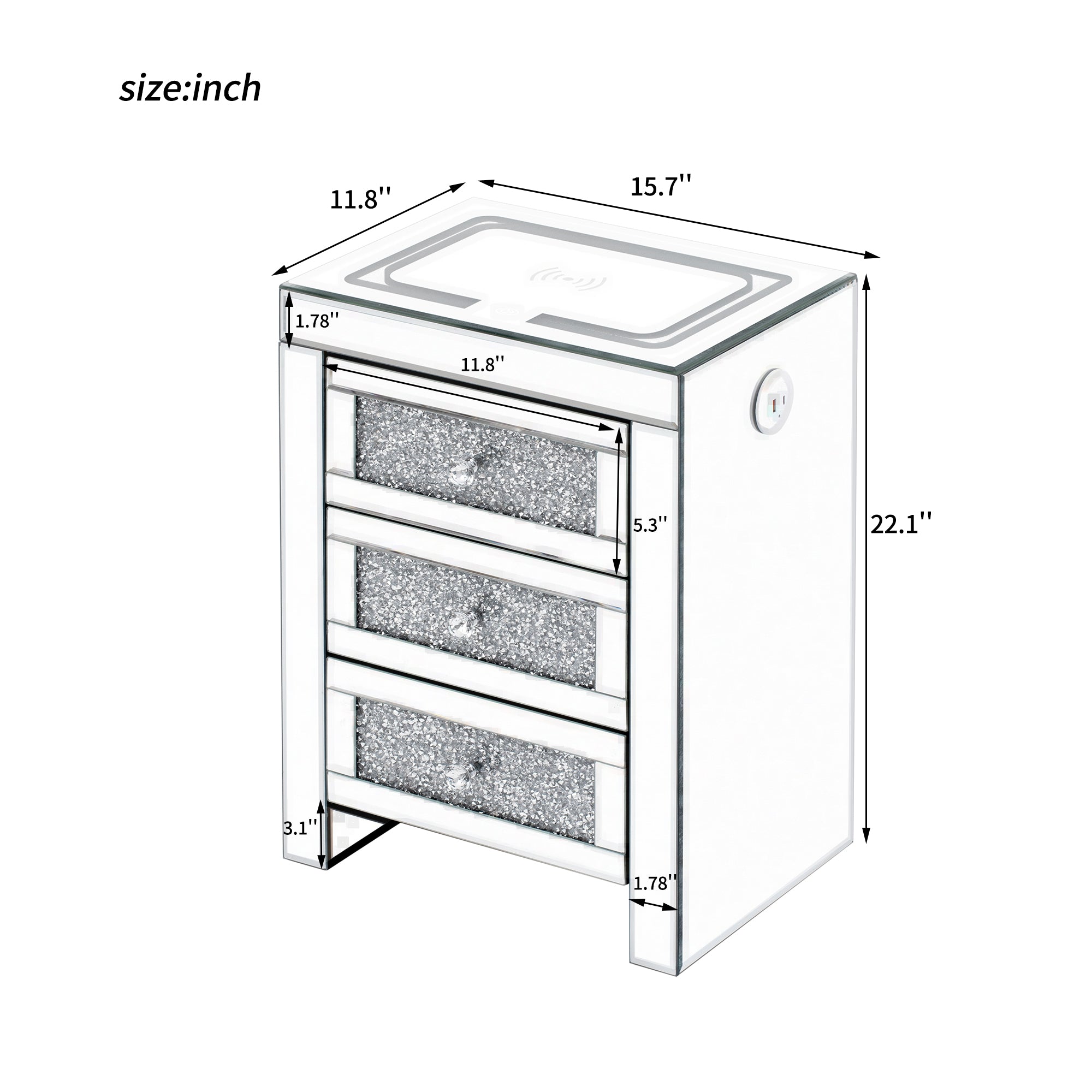 Table basse rectangulaire argentée miroir U-Can 15,7" W avec fonction de chargement sans fil et USB, lumières LED, poignée de style cristal
