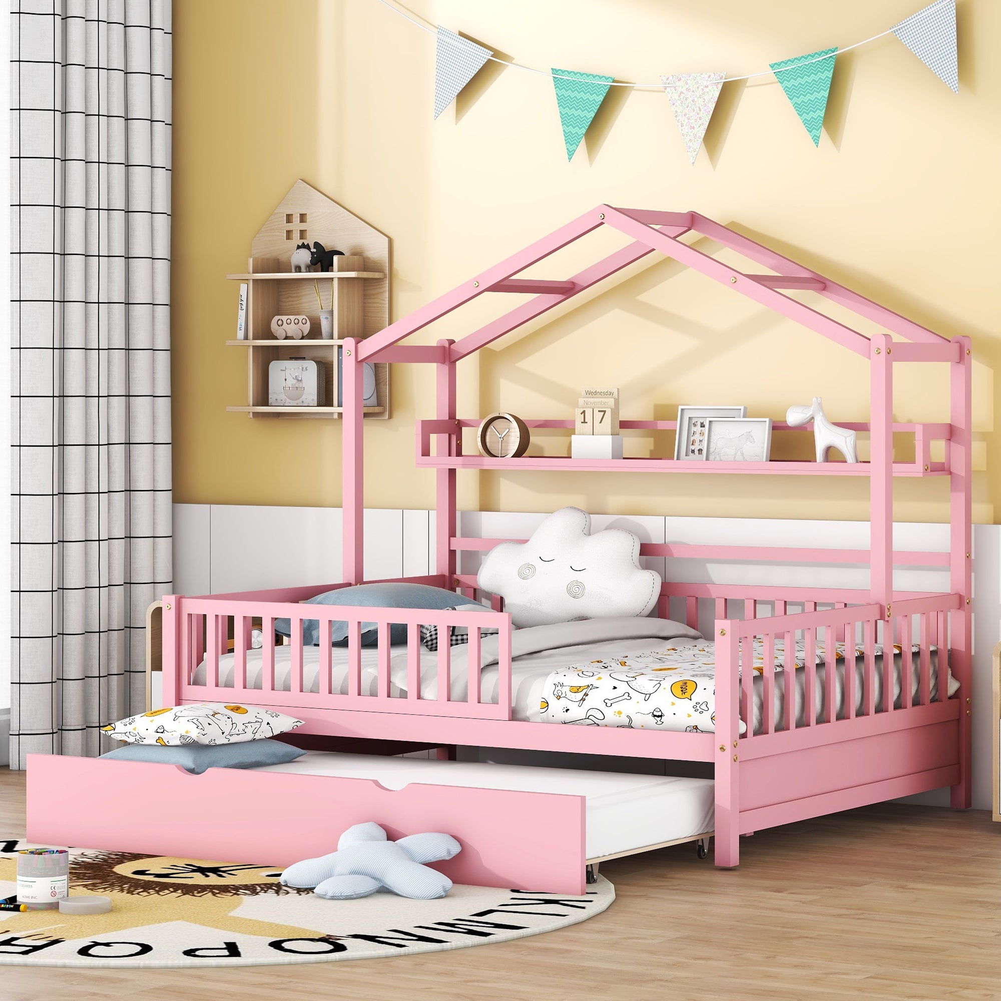 Lit cabane en bois pleine grandeur avec lit gigogne simple pour enfant et étagère, rose