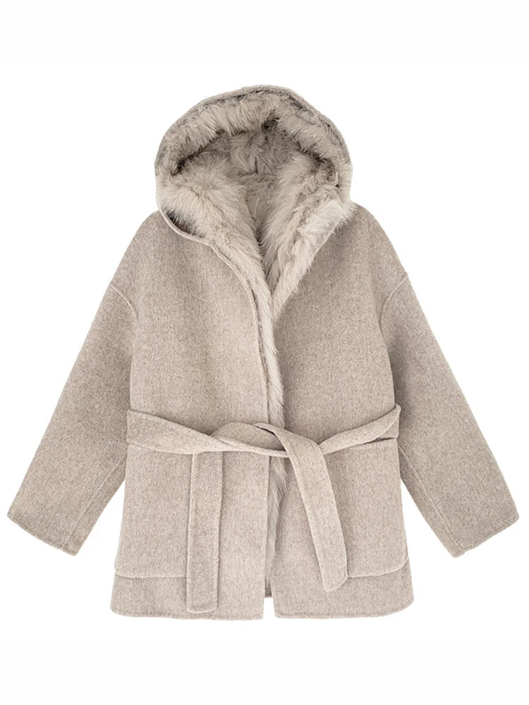 Manteau en laine à capuche pour femme, couleur unie, avec fourrure de renard et ceinture ample, nouveauté hiver