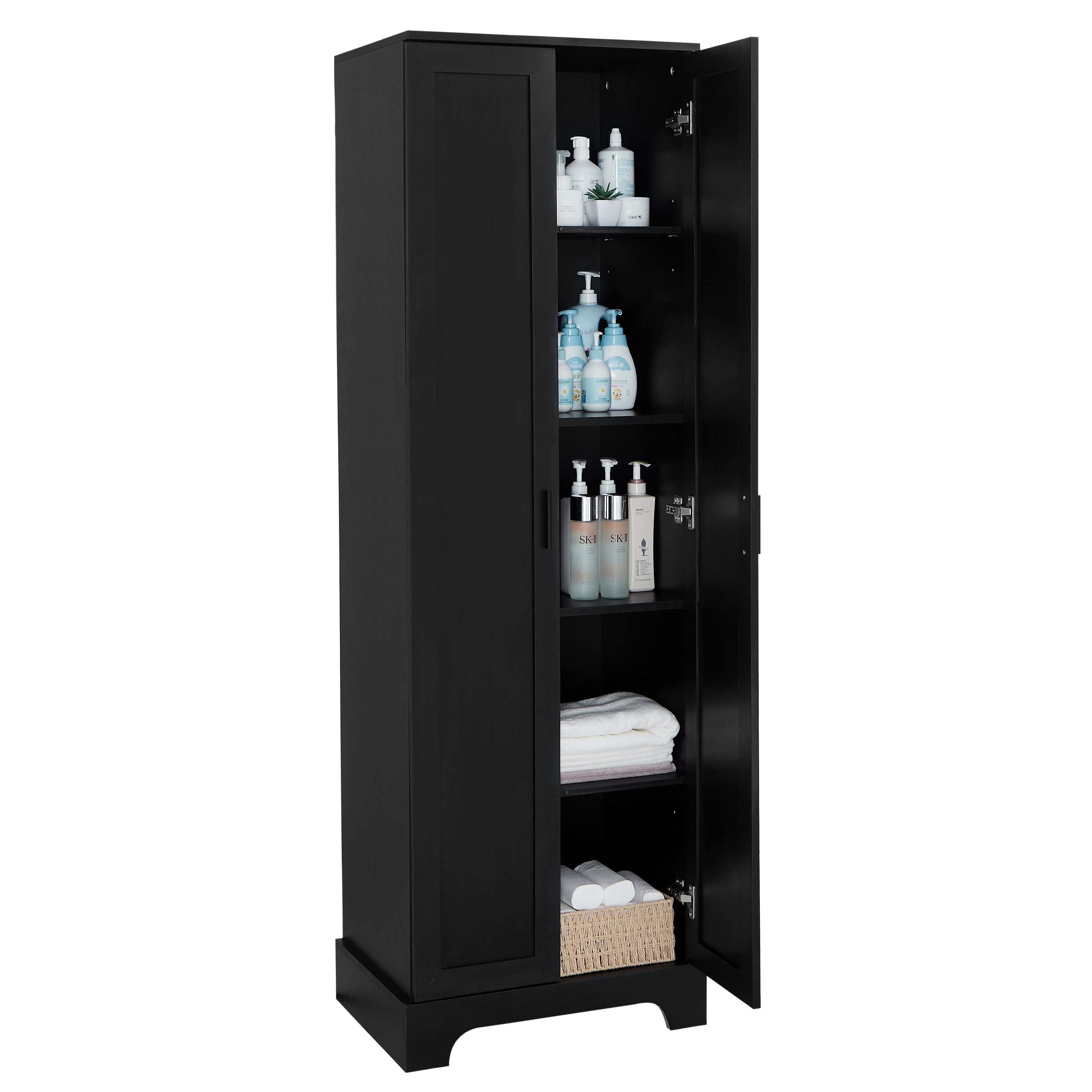 Meuble de rangement à deux portes pour salle de bain et bureau, étagère réglable, panneau MDF, noir
