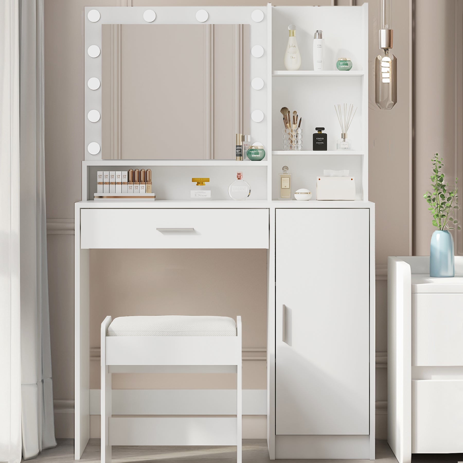 Grand tiroir avec miroir et lumière, meuble de rangement à trois niveaux, luminosité réglable pour 3 modes d'éclairage (blanc avec tabouret)