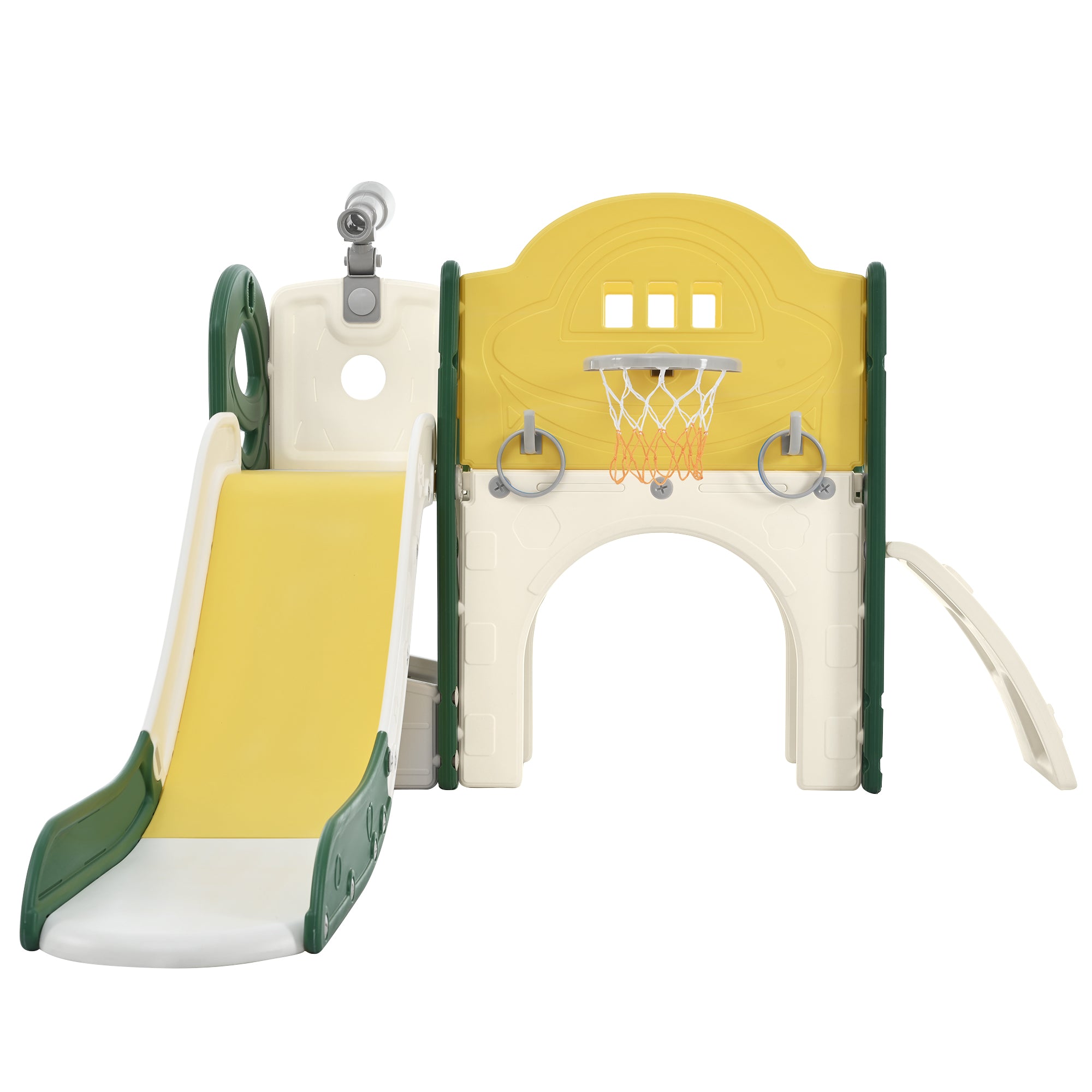 Structure de jeu pour enfants 7 en 1, vaisseau spatial autonome avec toboggan, tunnel en arche jaune + PEHD