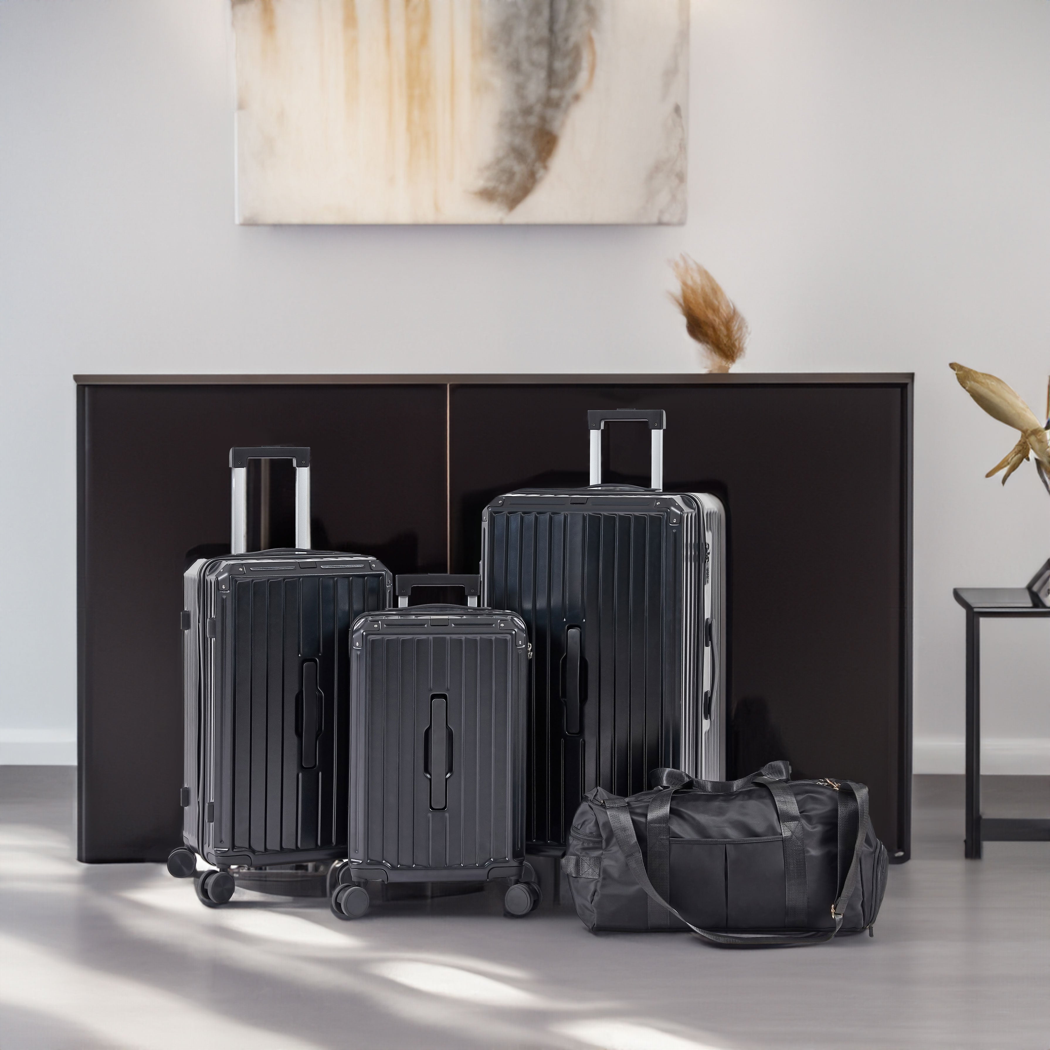 Ensemble de 4 valises (20"/24"/29"/sac de voyage), valises légères et résistantes en PC et ABS avec porte-gobelet pliable, serrure TSA, noir