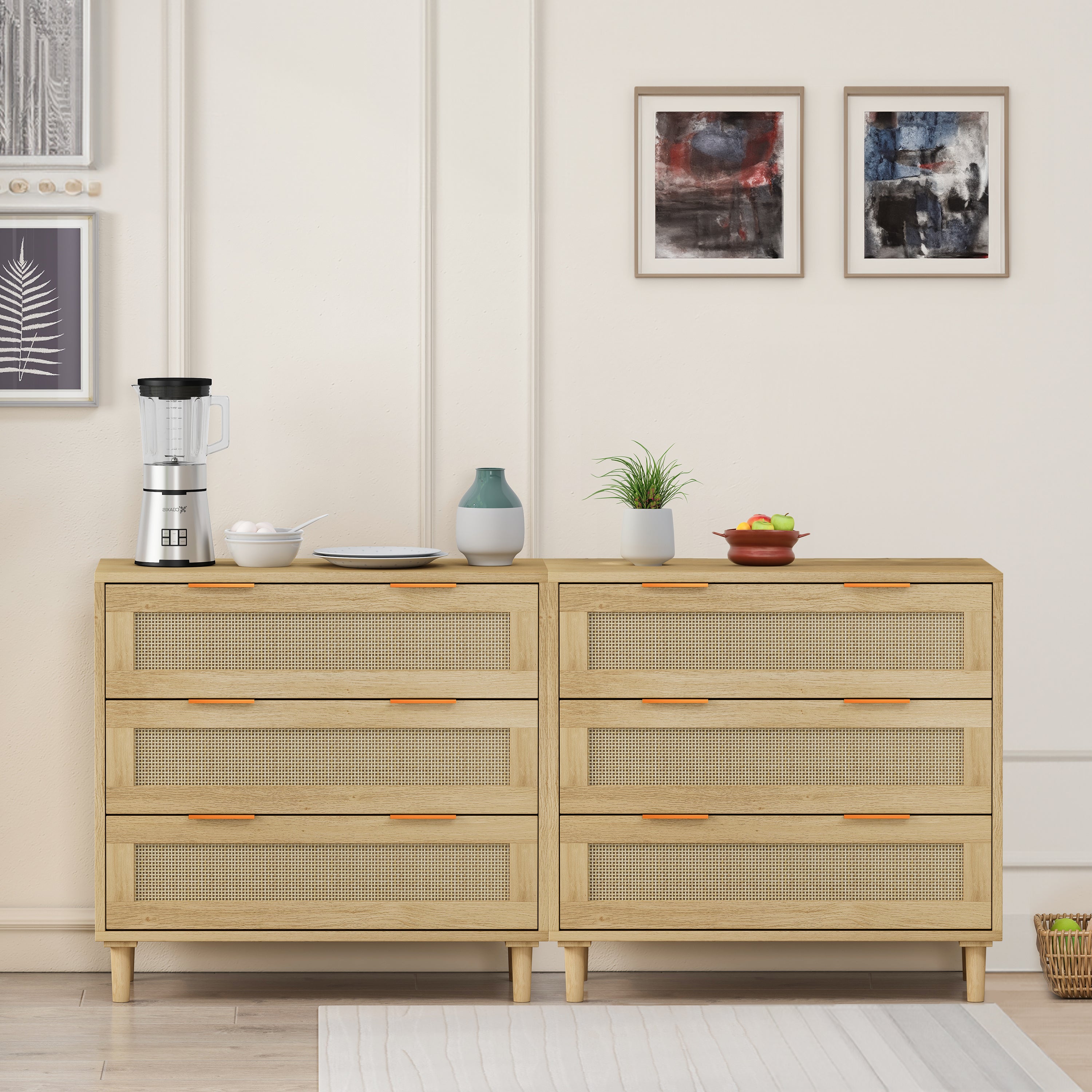 Meuble de rangement en rotin à 3 tiroirs (lot de 2), pour chambre, salon, salle à manger, couloir, chêne