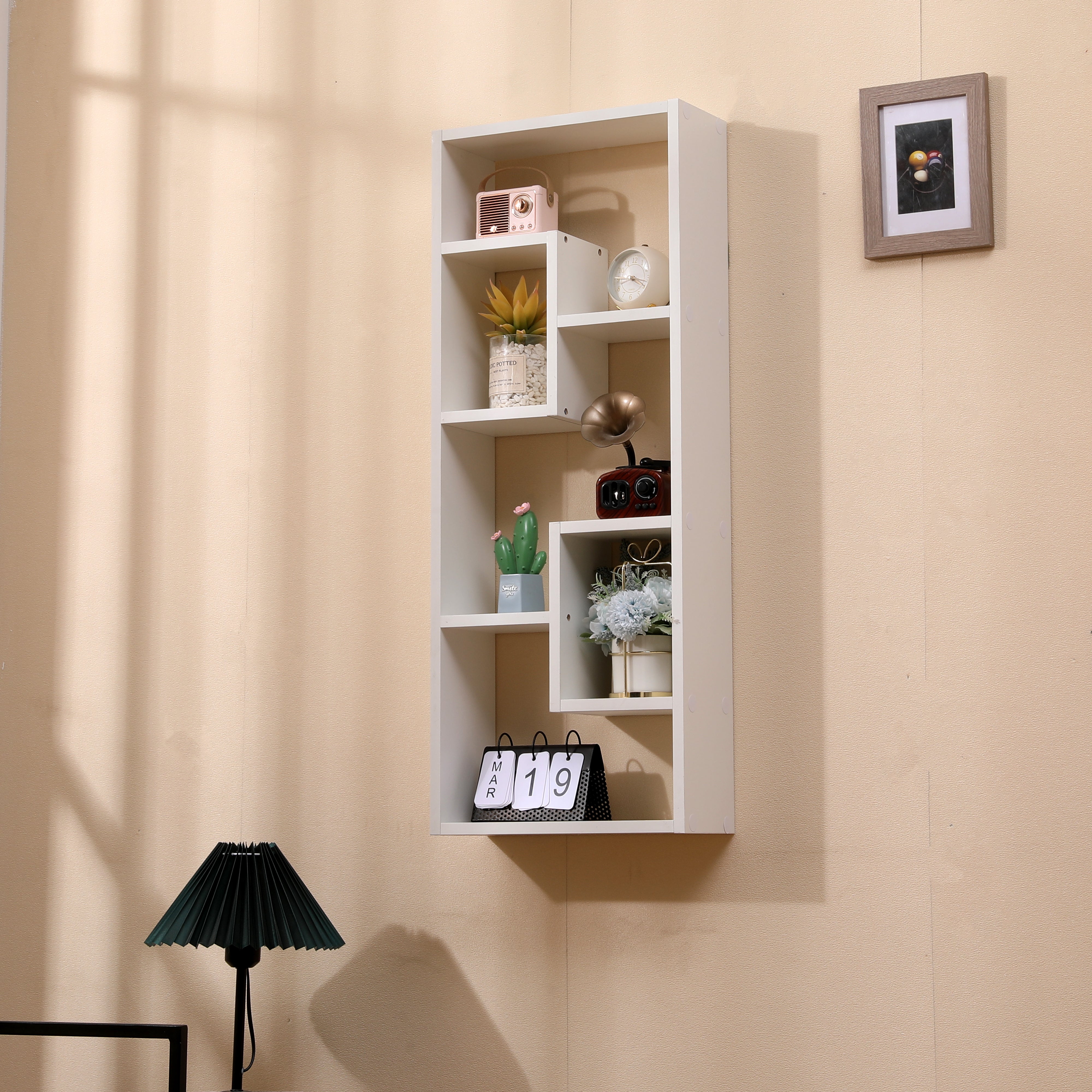 Bibliothèque, bibliothèque ouverte en bois autoportante avec 5 cubes, avec 2 crochets en trou de serrure, rangement rectangulaire décoratif pour bureau à domicile