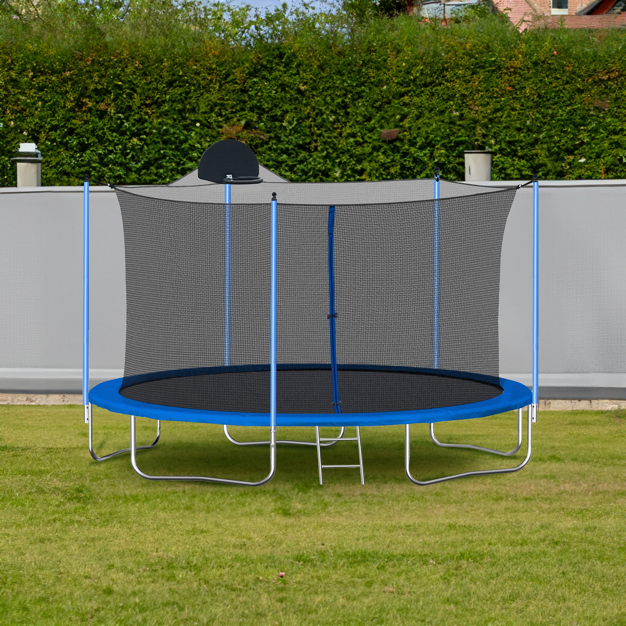 Trampoline de 12 pieds pour adultes et enfants avec panier de basket, trampolines d'extérieur avec échelle et filet de sécurité pour enfants et adultes