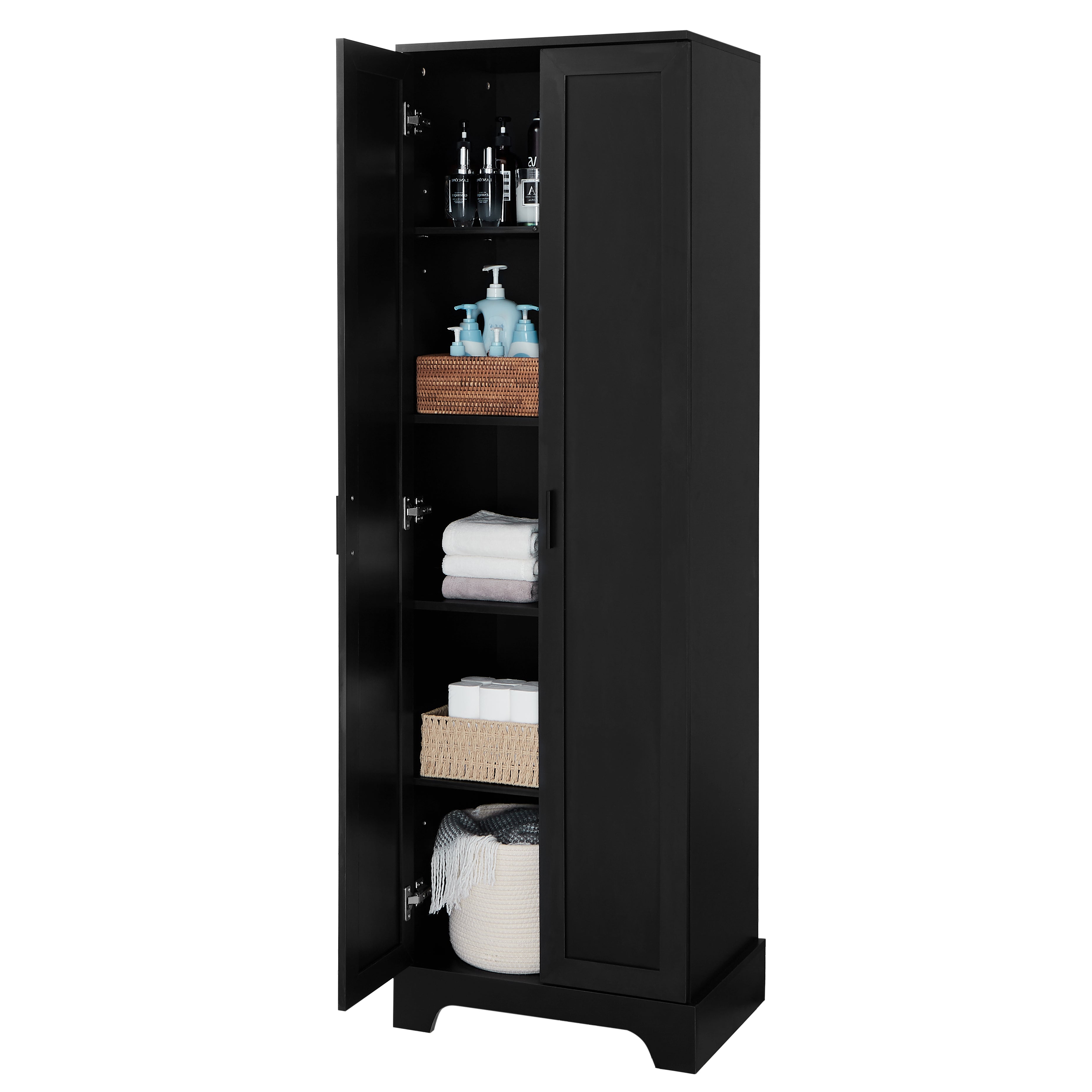 Meuble de rangement à deux portes pour salle de bain et bureau, étagère réglable, panneau MDF, noir