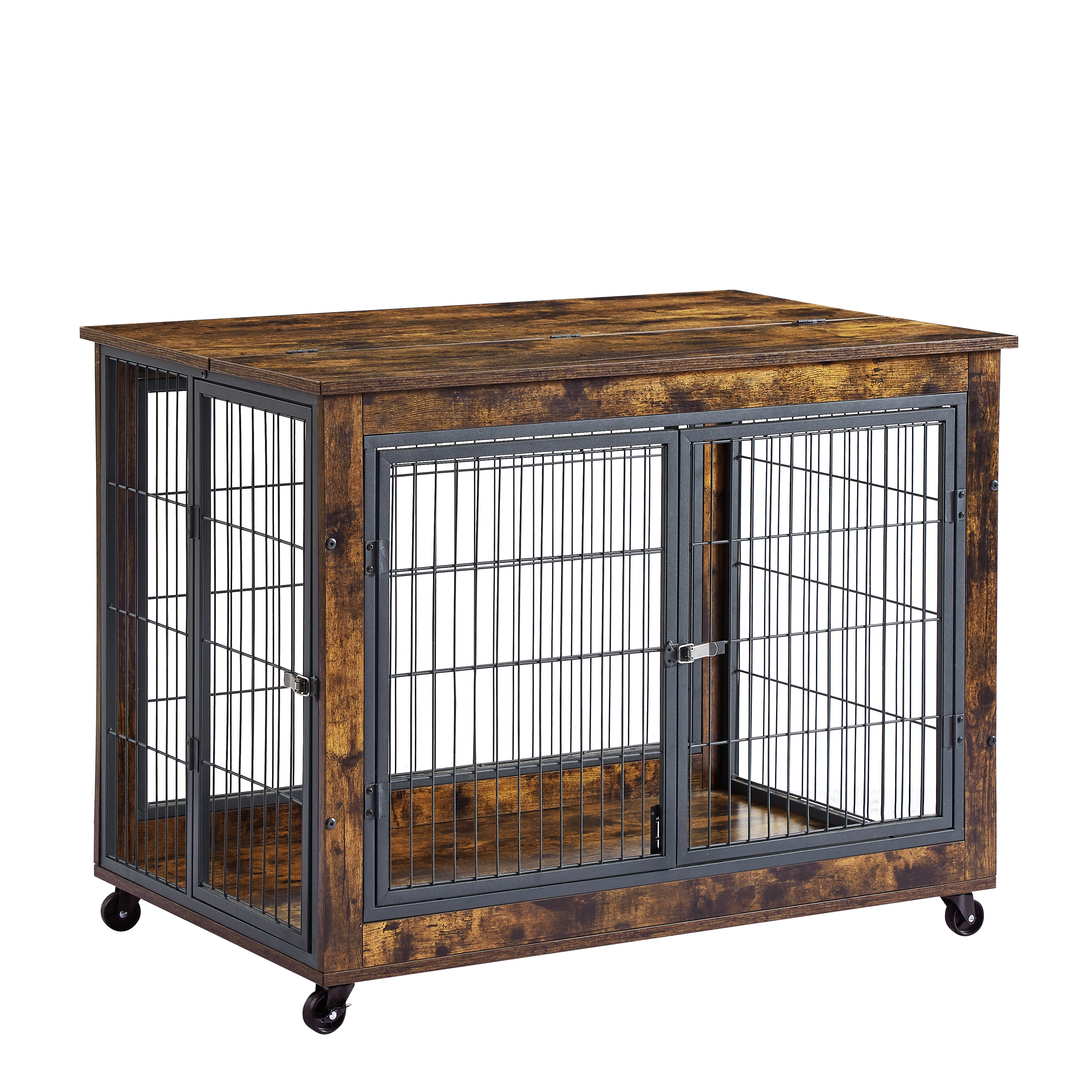 Cage pour chien avec portes doubles, brun rustique, 98 cm de largeur x 64 cm de profondeur x 69 cm de hauteur