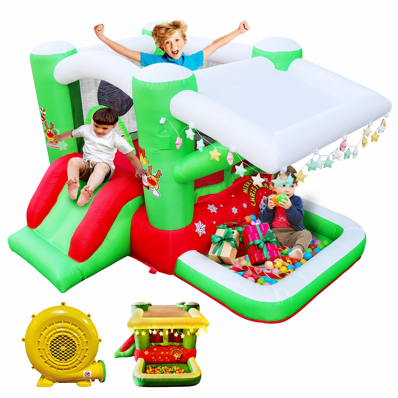 Trampoline gonflable de Noël pour enfants, installation complète avec souffleur - Aire de jeux de 203 x 231 cm - Hauteur de 140 cm