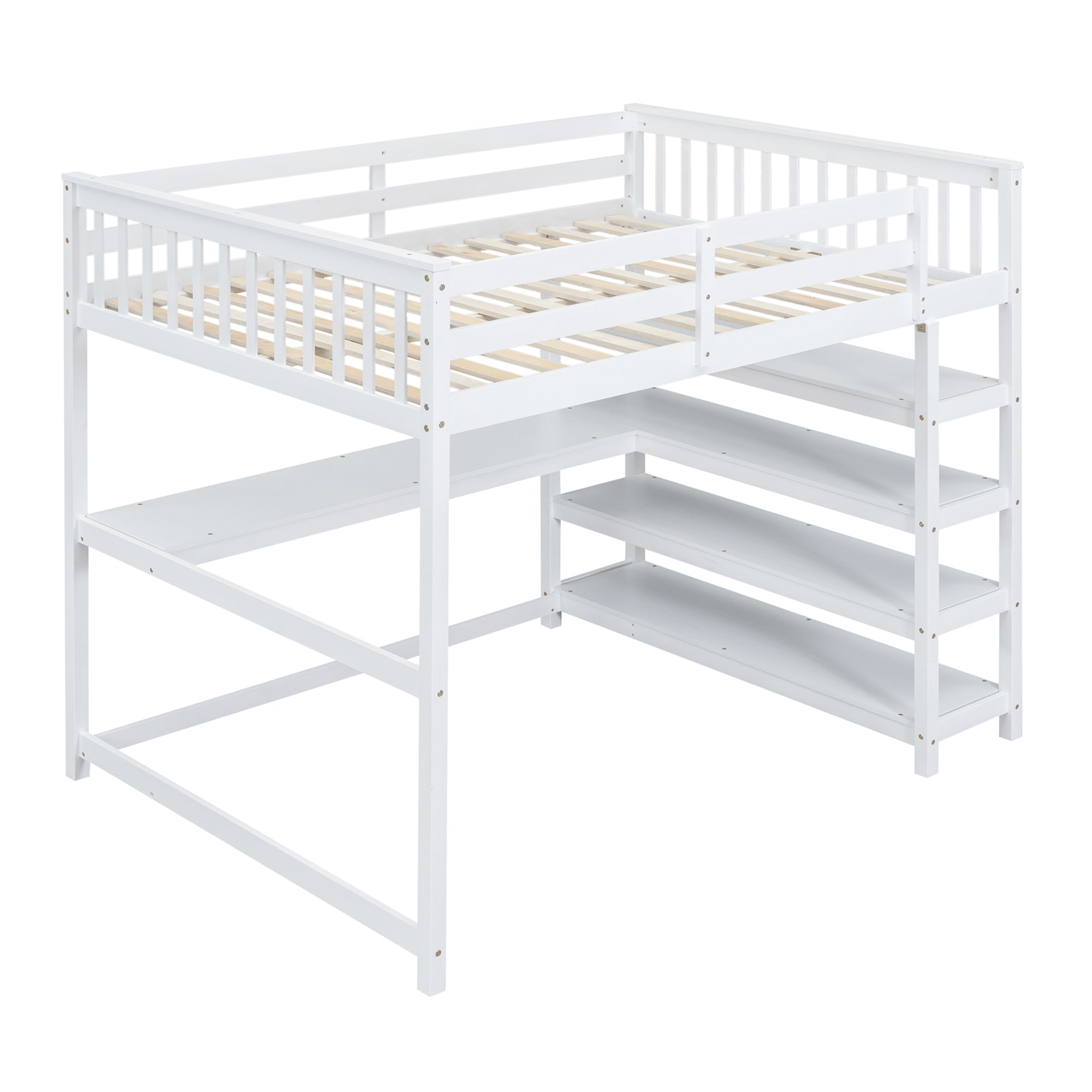 Full Size Loft Bed with Storage Shelves and Under-bed Desk White