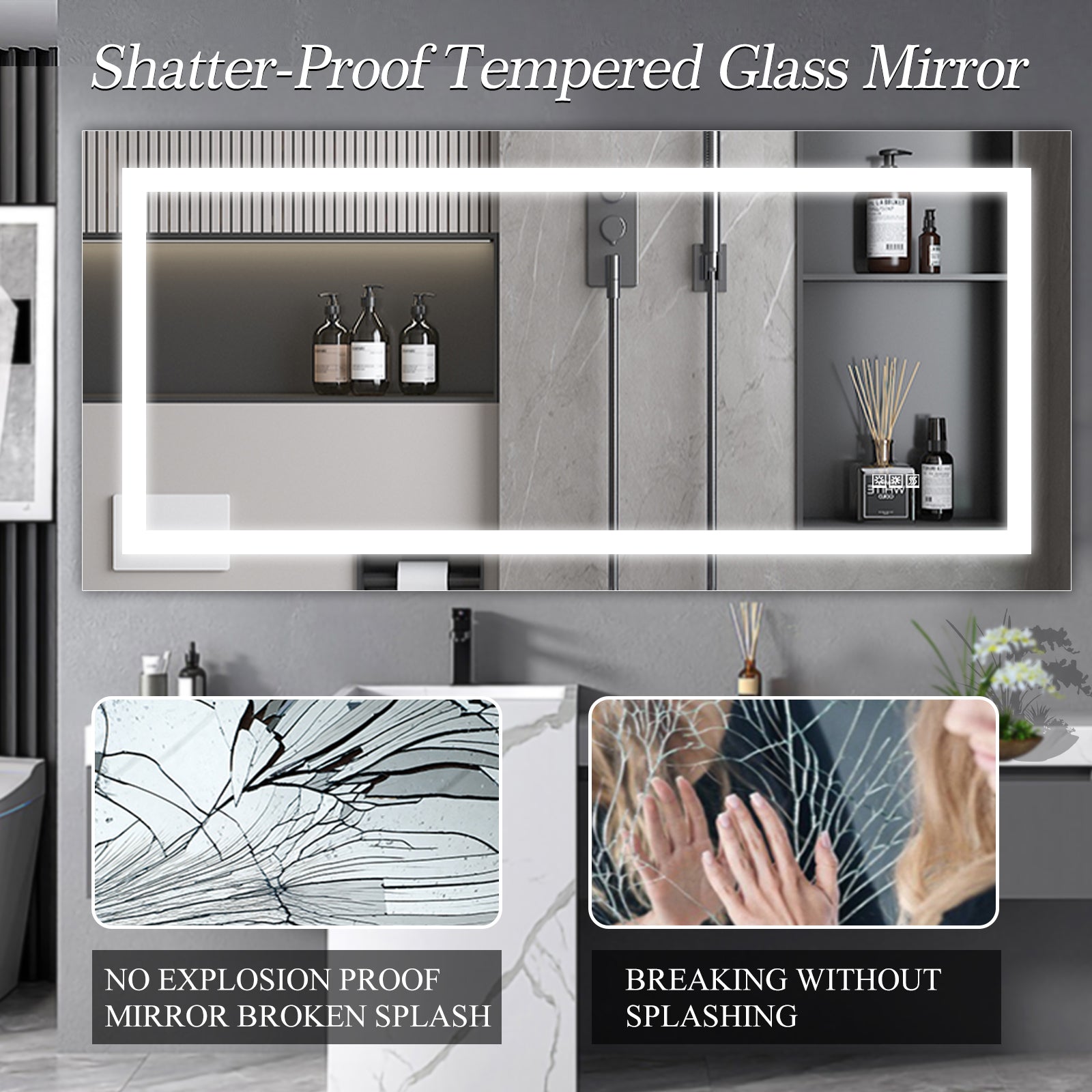 Miroir de salle de bain à LED 72 x 36 pouces avec éclairage, antibuée et variateur d'intensité. Miroir de salle de bain à LED