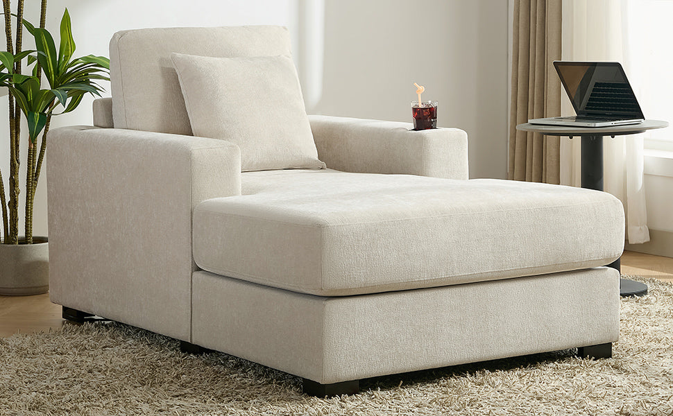 Canapé-lit surdimensionné de 100 cm, style moderne, avec coussins, station de charge et porte-gobelets, tissu chenille, couleur crème