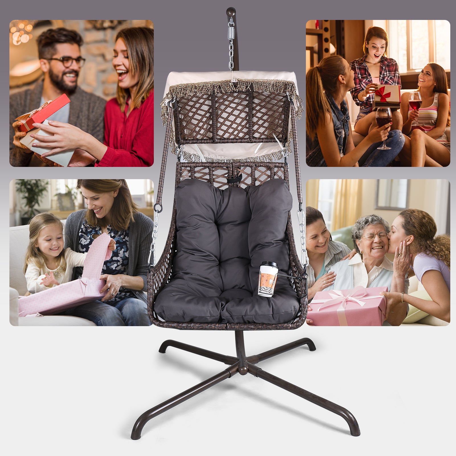 Chaise hamac pivotante avec support, cadre en rotin et osier, capacité de 350 lb