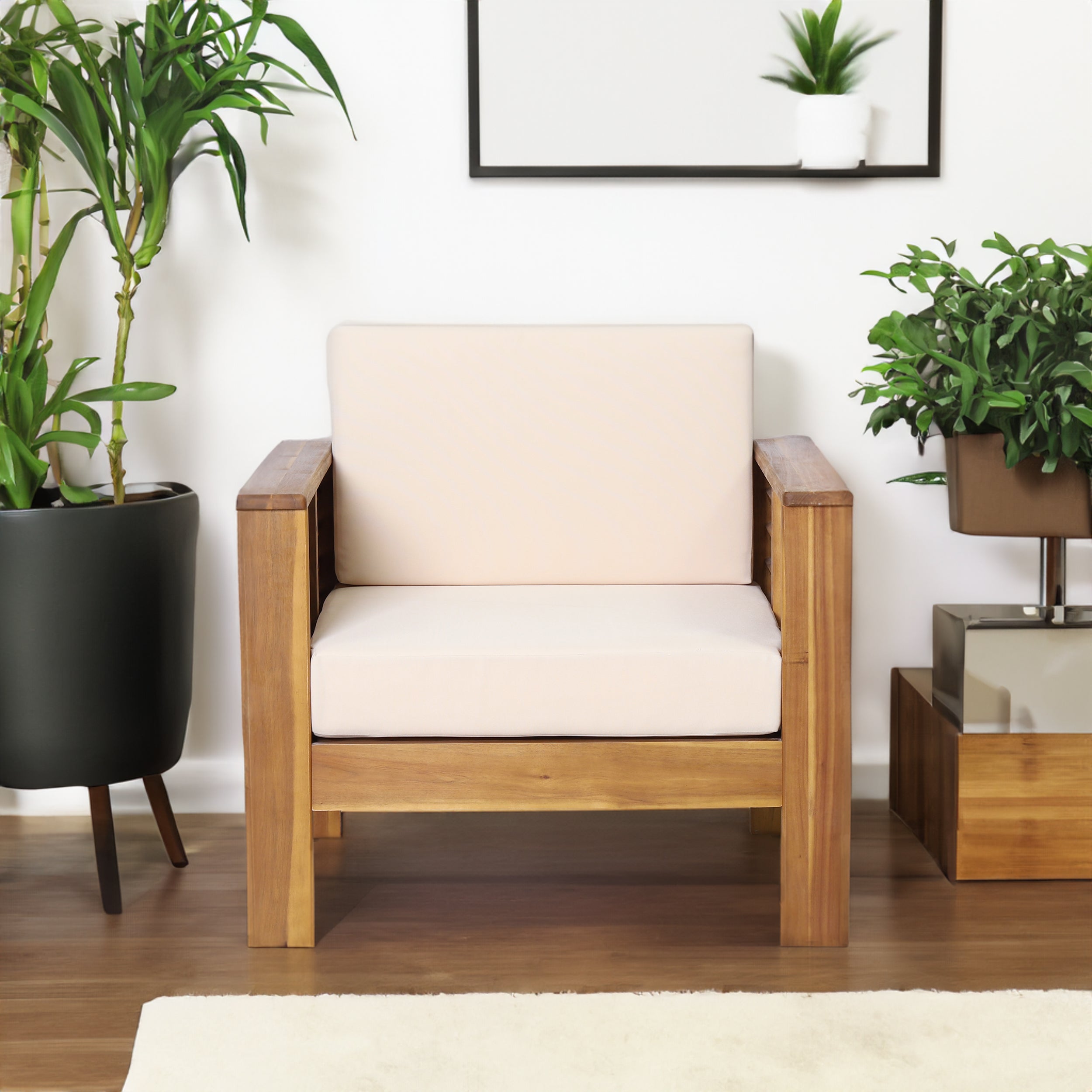 (Lot de 2) Chaises club d'extérieur en bois d'acacia avec coussins, teck + beige, 27,75"P x 32"L x 27,75"H