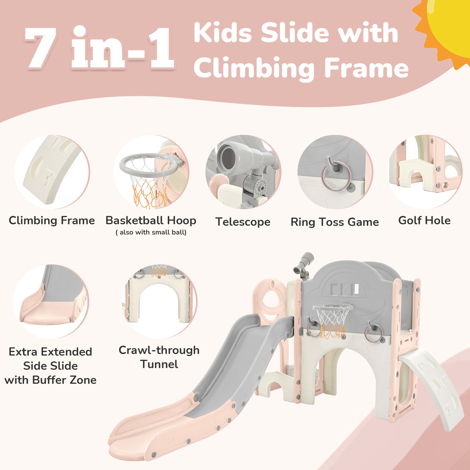 Structure de jeu pour enfants 7 en 1, vaisseau spatial autonome avec toboggan, tunnel en arche rose et gris + PEHD