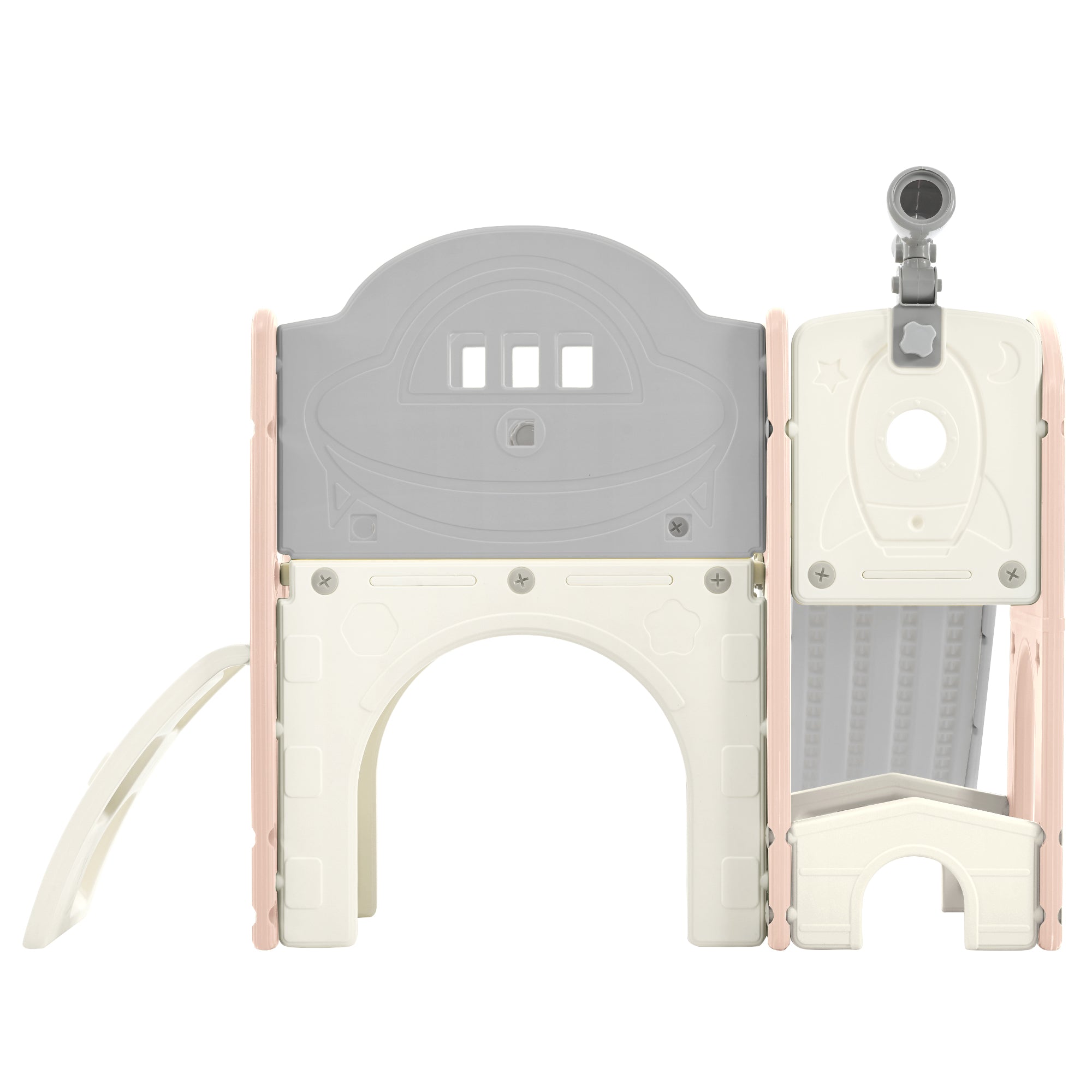 Structure de jeu pour enfants 7 en 1, vaisseau spatial autonome avec toboggan, tunnel en arche rose et gris + PEHD