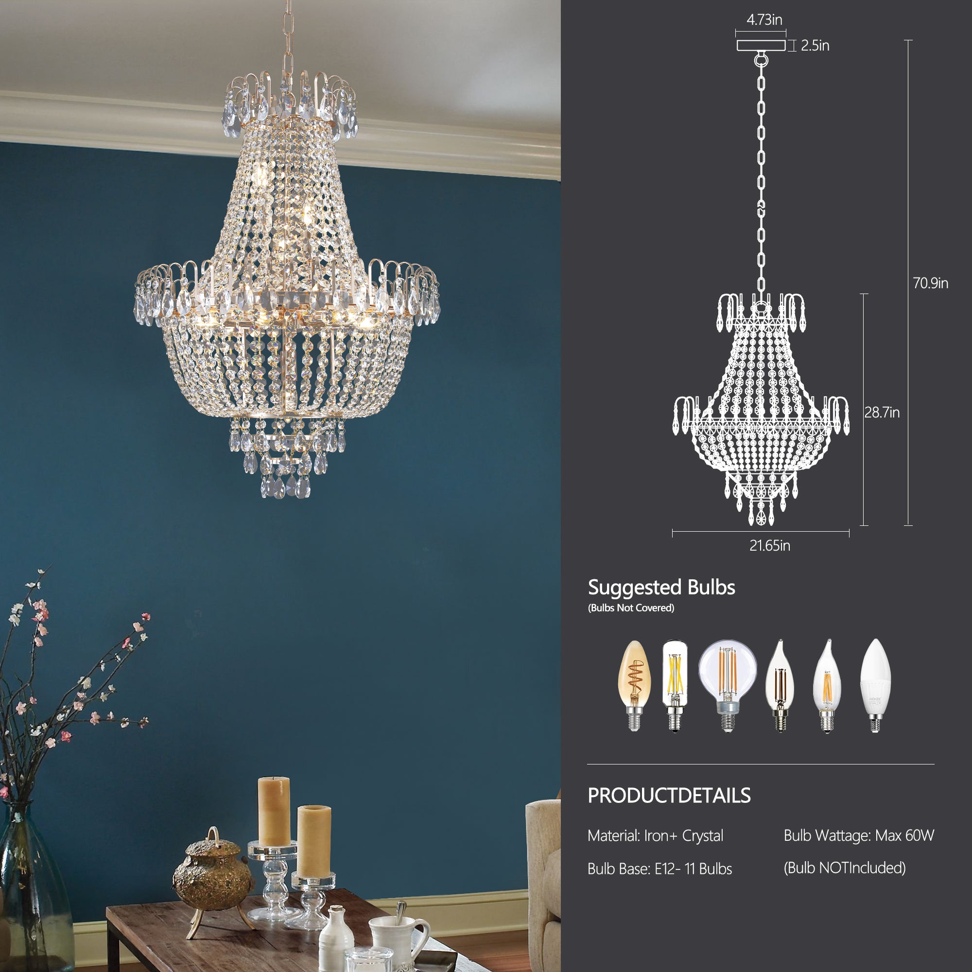 Suspension en cristal doré, grand éclairage de plafond de luxe moderne (sans ampoules)