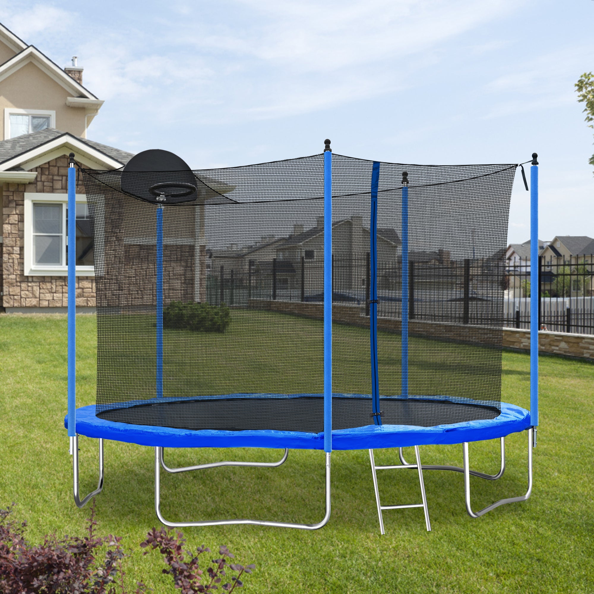 Trampoline de 12 pieds pour adultes et enfants avec panier de basket, trampolines d'extérieur avec échelle et filet de sécurité pour enfants et adultes