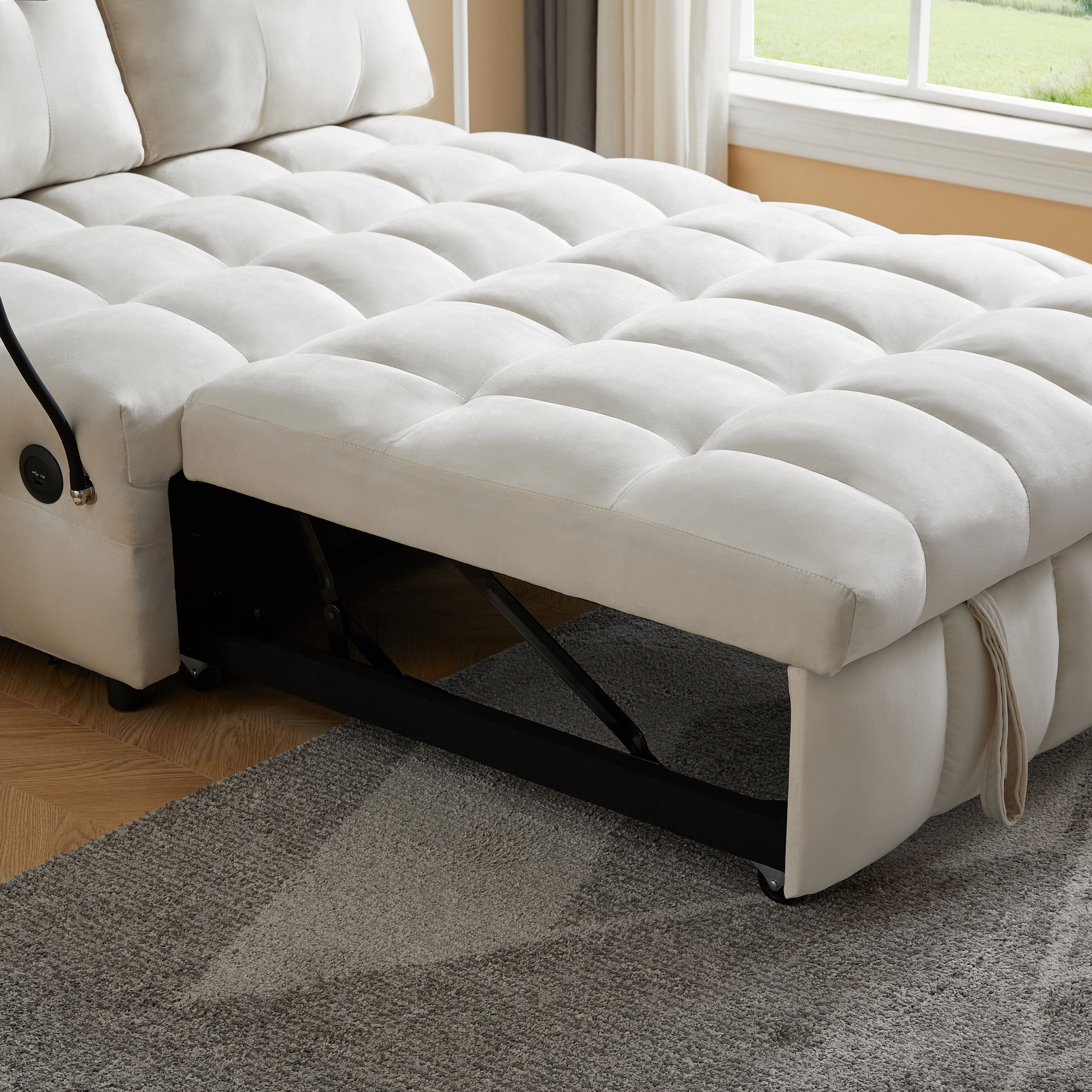 Canapé-lit gigogne moderne en velours, dossier amovible indépendamment, avec port USB et support de téléphone pivotant, beige