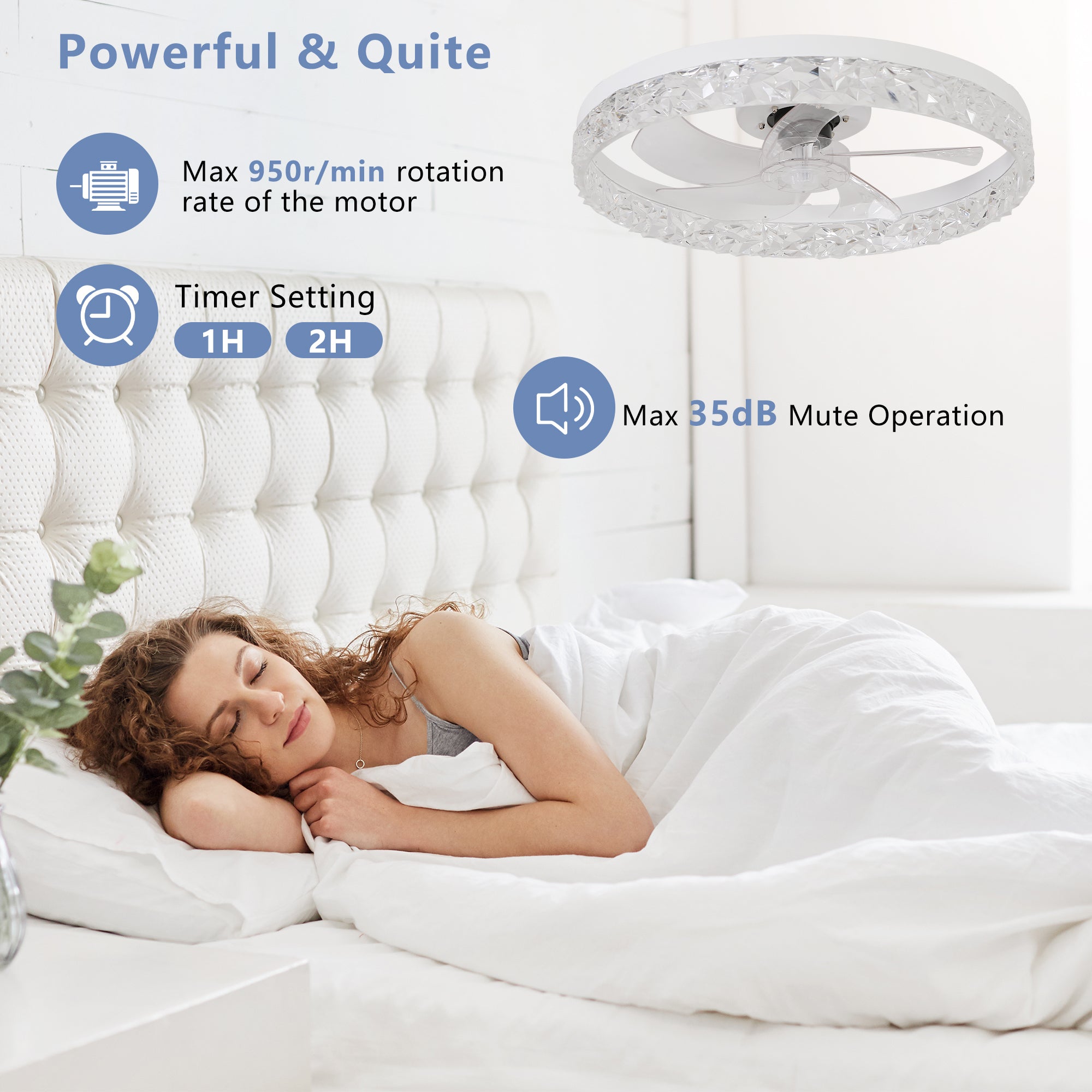 Ventilateur de plafond moderne en acrylique avec télécommande, suspension LED à intensité variable, réglable à 6 vitesses, moteur silencieux