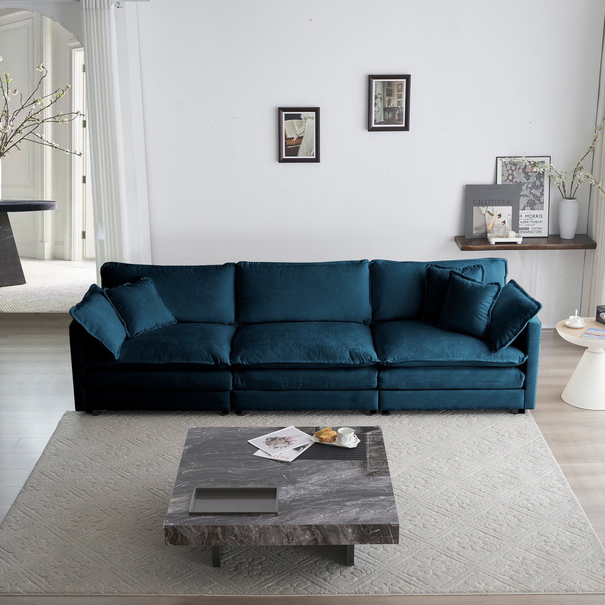Canapé 3 places moderne du milieu du siècle avec 2 coussins d'accoudoir et 3 coussins décoratifs, canapé pour salon en chenille bleue