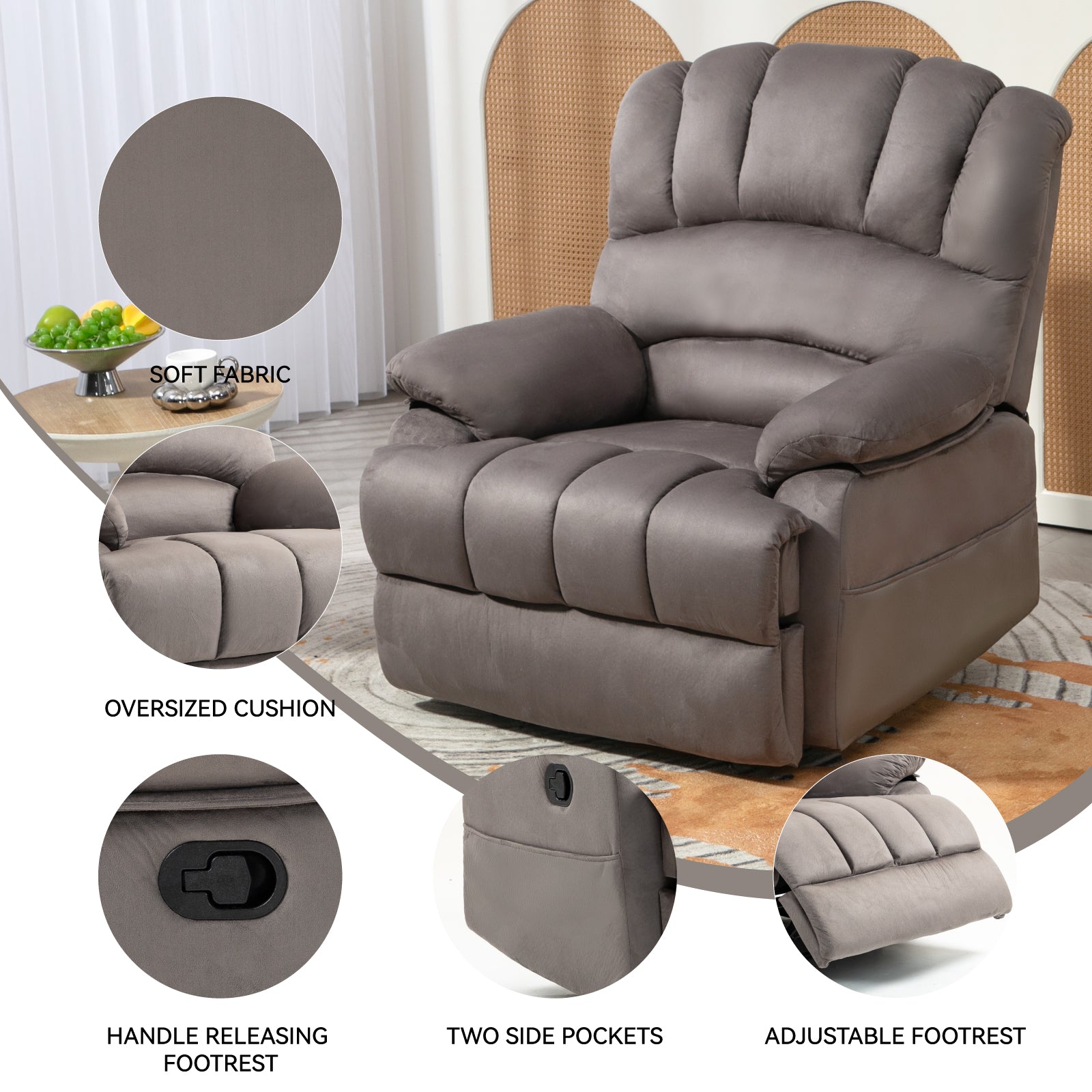 Grand fauteuil inclinable manuel en tissu pour salon, gris