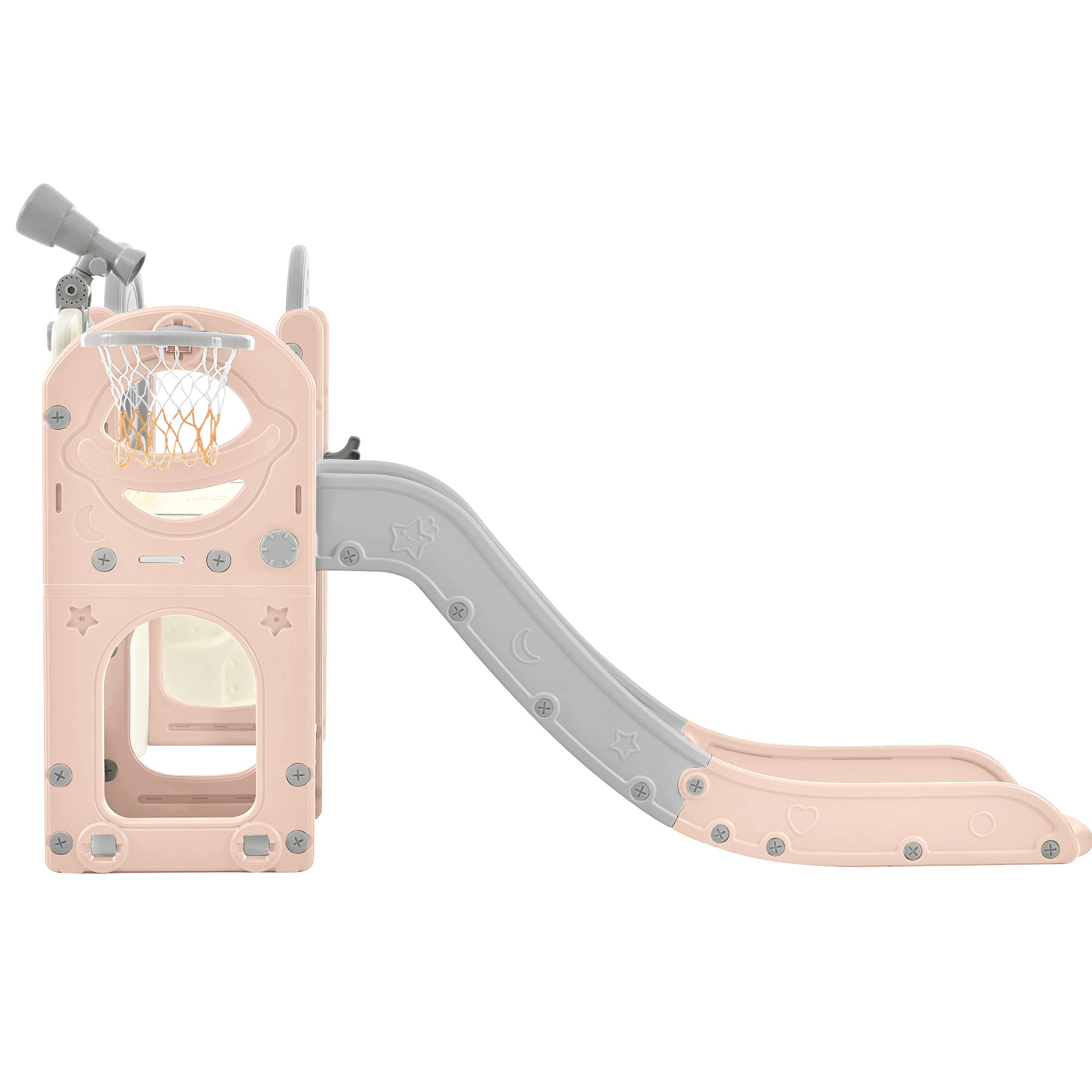 Structure de jeu pour enfants 7 en 1, vaisseau spatial autonome avec toboggan, tunnel en arche rose et gris + PEHD