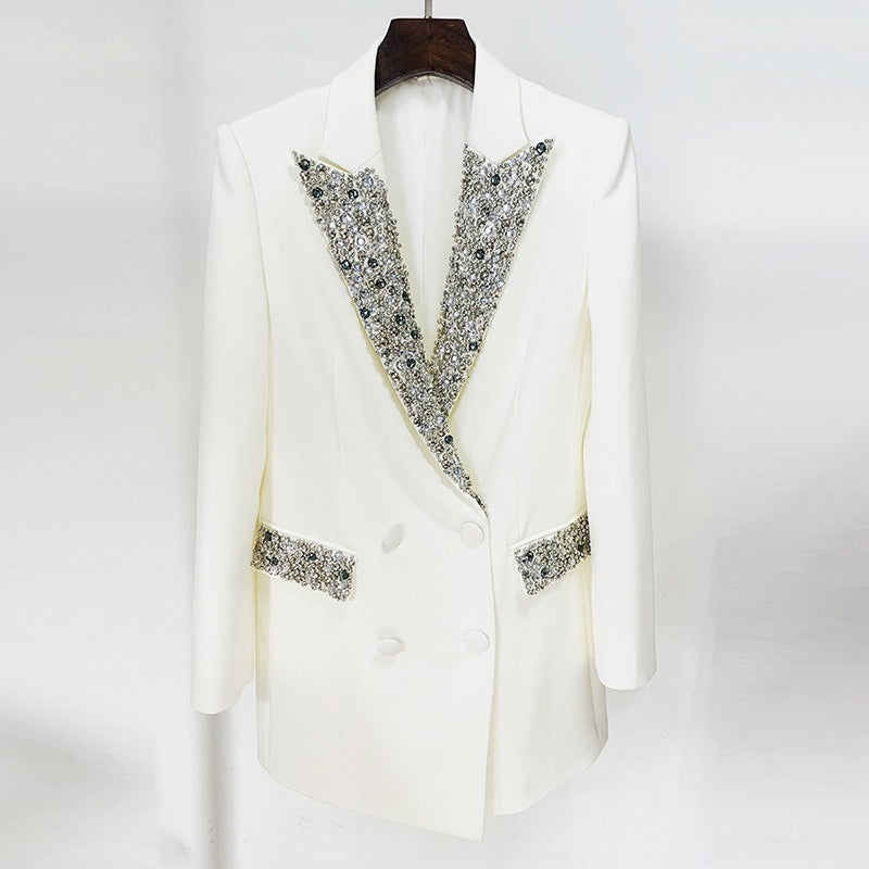 Veste de costume mi-longue à la mode, nouvelle et magnifique, faite à la main, avec des perles à ongles incrustées de diamants, coupe ajustée