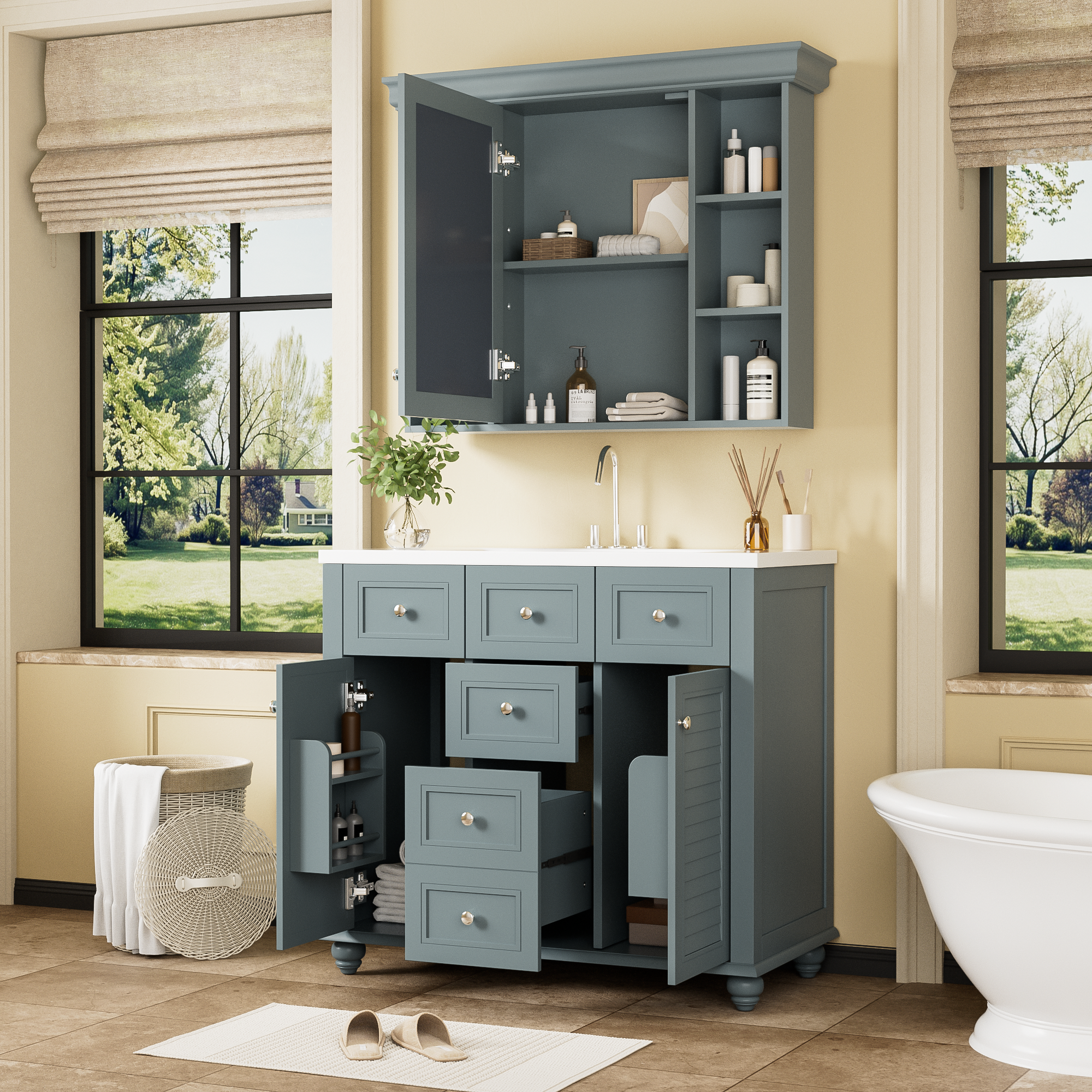 Armoire à miroir moderne de 36 pouces avec étagères réglables, 2 portes à fermeture douce et 6 organisateurs de portes d'armoire de rangement à tiroirs