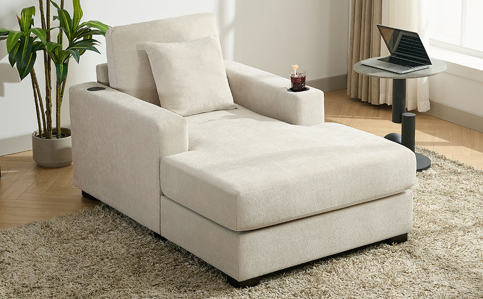 Canapé-lit surdimensionné de 100 cm, style moderne, avec coussins, station de charge et porte-gobelets, tissu chenille, couleur crème