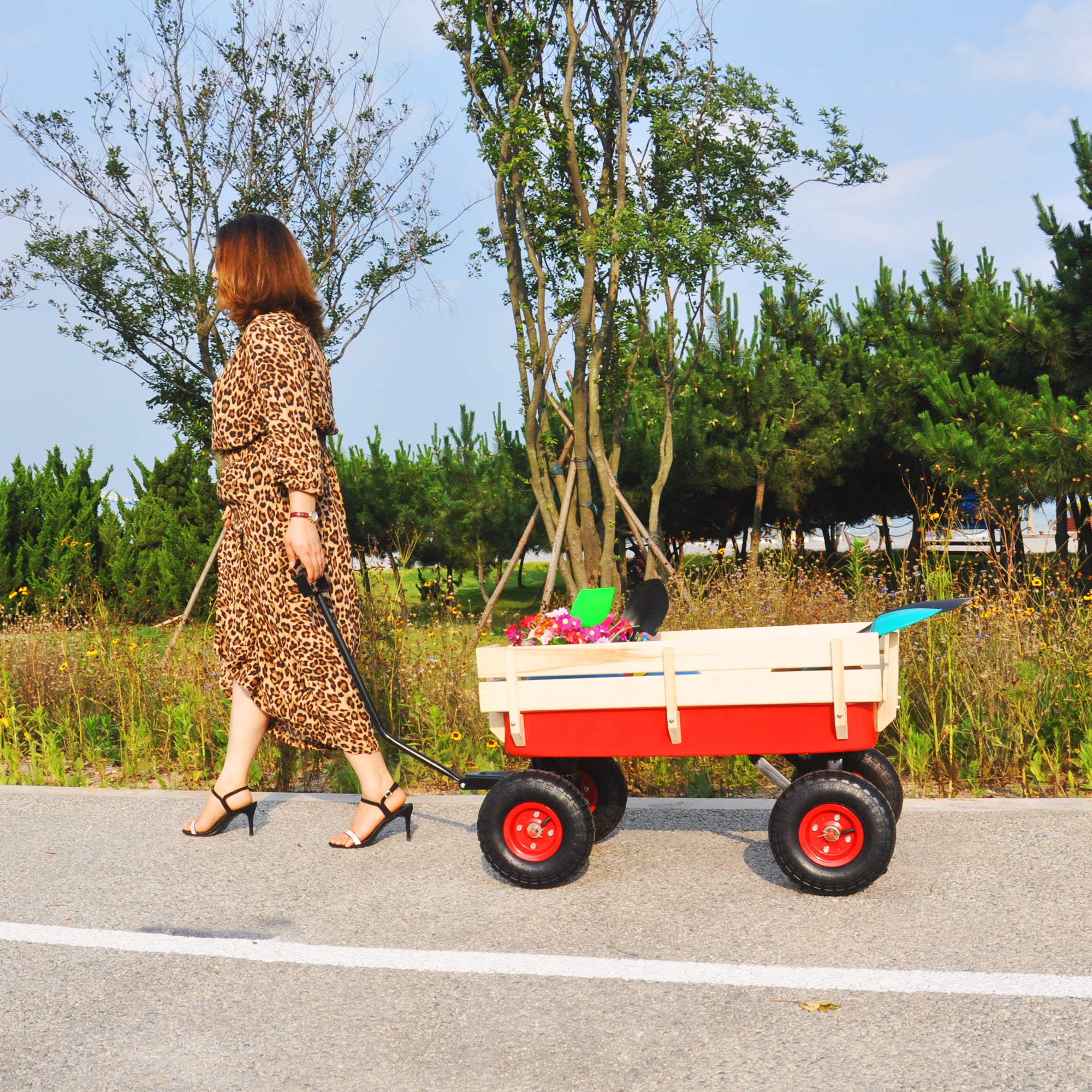 Outdoor Wagon All Terrain Pulling w/Wood Railing Air Tires Children Kid Garden(Red)