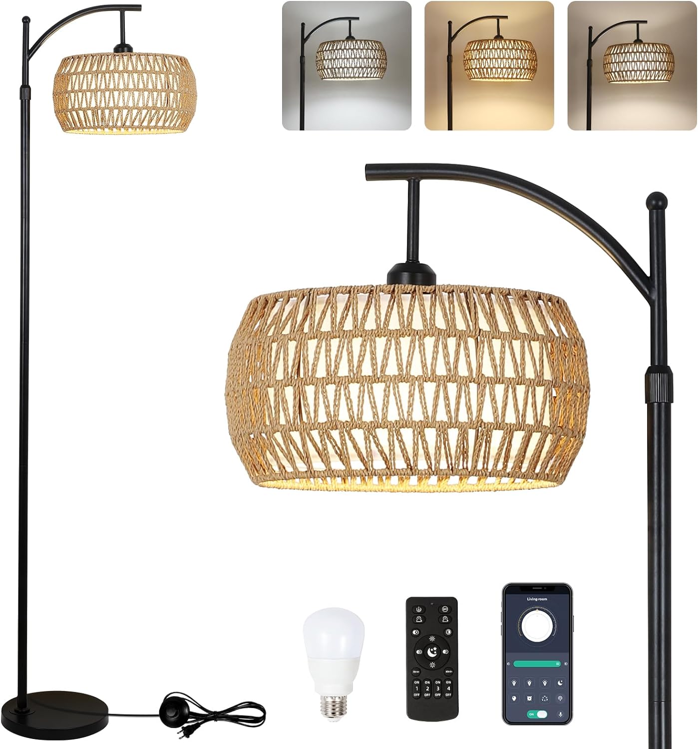 Lampadaire arc avec télécommande, lampadaire LED à intensité variable avec 3 températures de couleur, lampe à poteau haut style ferme bohème