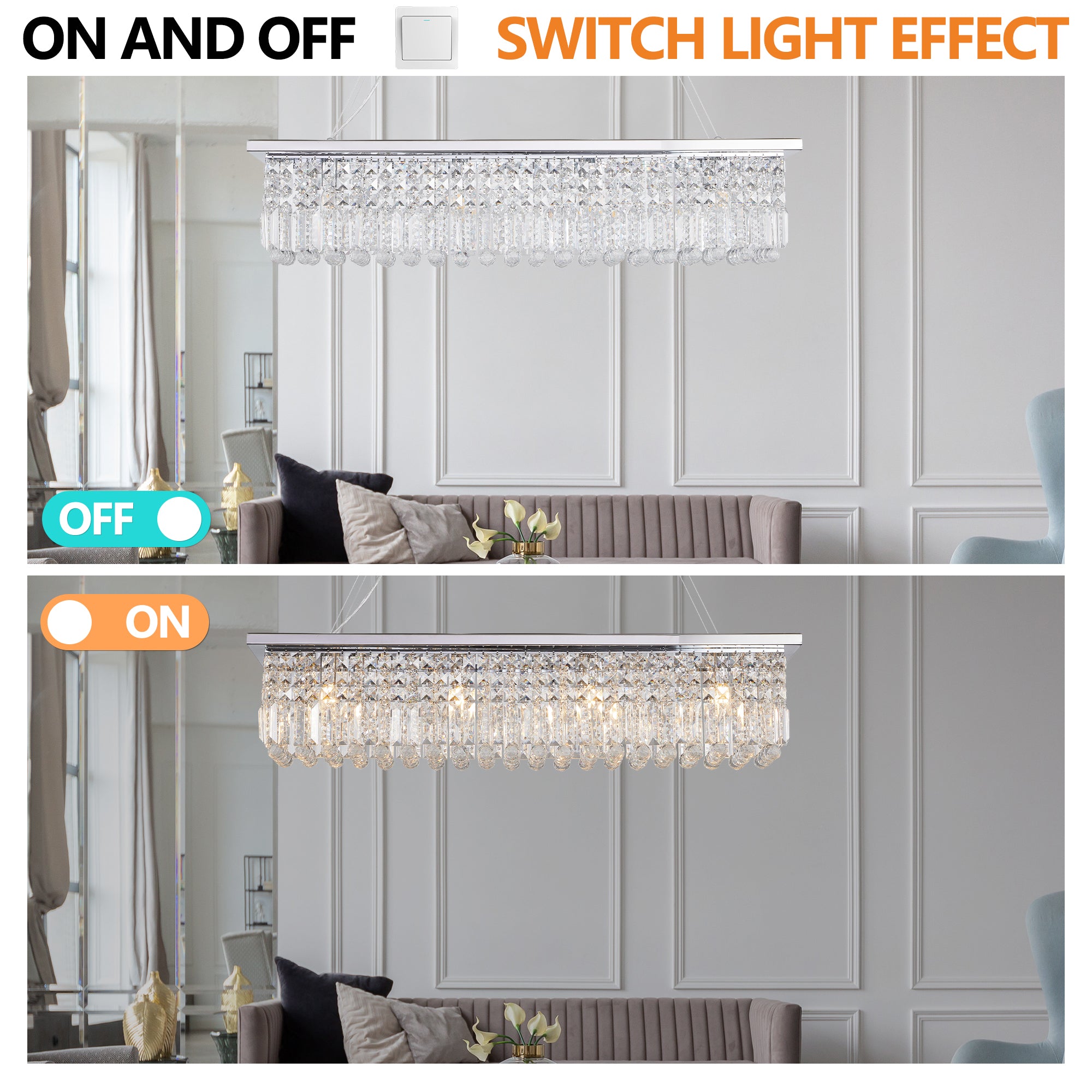 Lustre moderne en cristal pour salle à manger, 8 lumières, forme rectangulaire, blanc, forme goutte d'eau (L 99,4 x l 24,9 x H 22,1 cm) (ampoule non incluse)