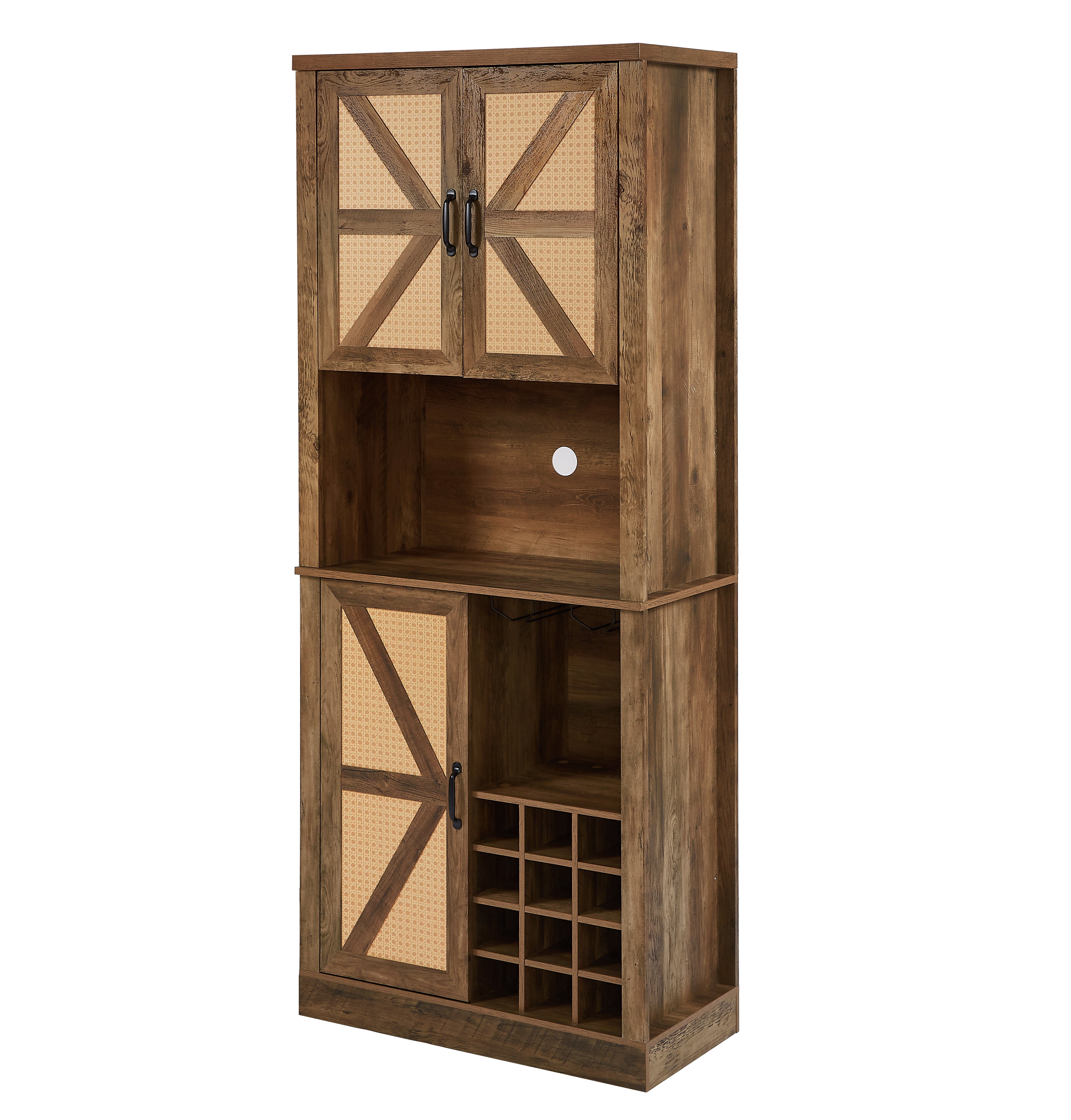 76-Inch Tall Rustic Oak Color Farmhouse Kitchen Faux Rattan Wine Cabinet, Kitchen Bar Cabinet with Square Compartments