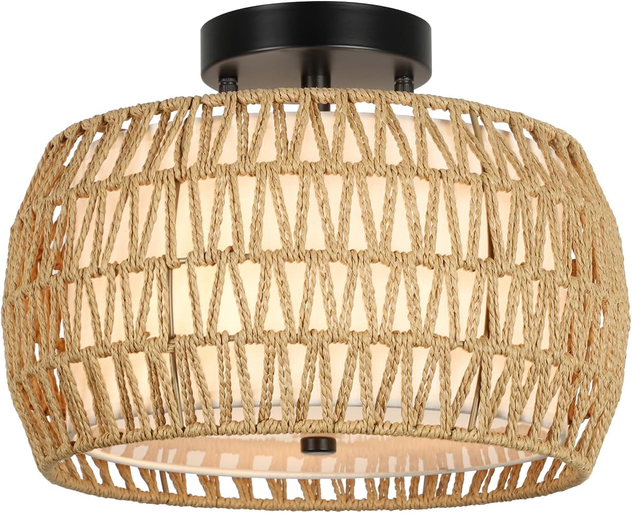 Plafonnier Boho, semi-encastré en rotin, luminaire de style campagnard avec abat-jour en tissu
