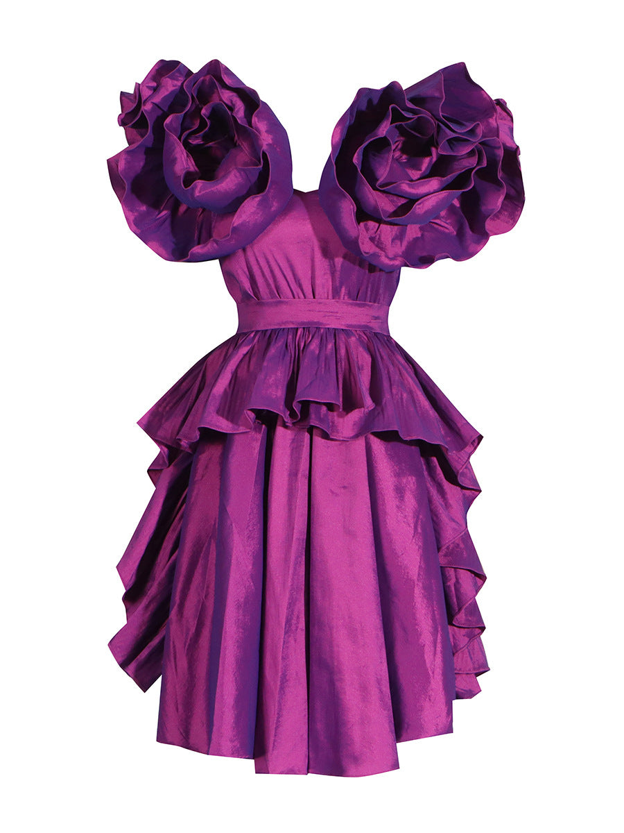 Nouvelle robe d'été en satin violet à volants et col en V pour femme, tenue de soirée élégante et sexy
