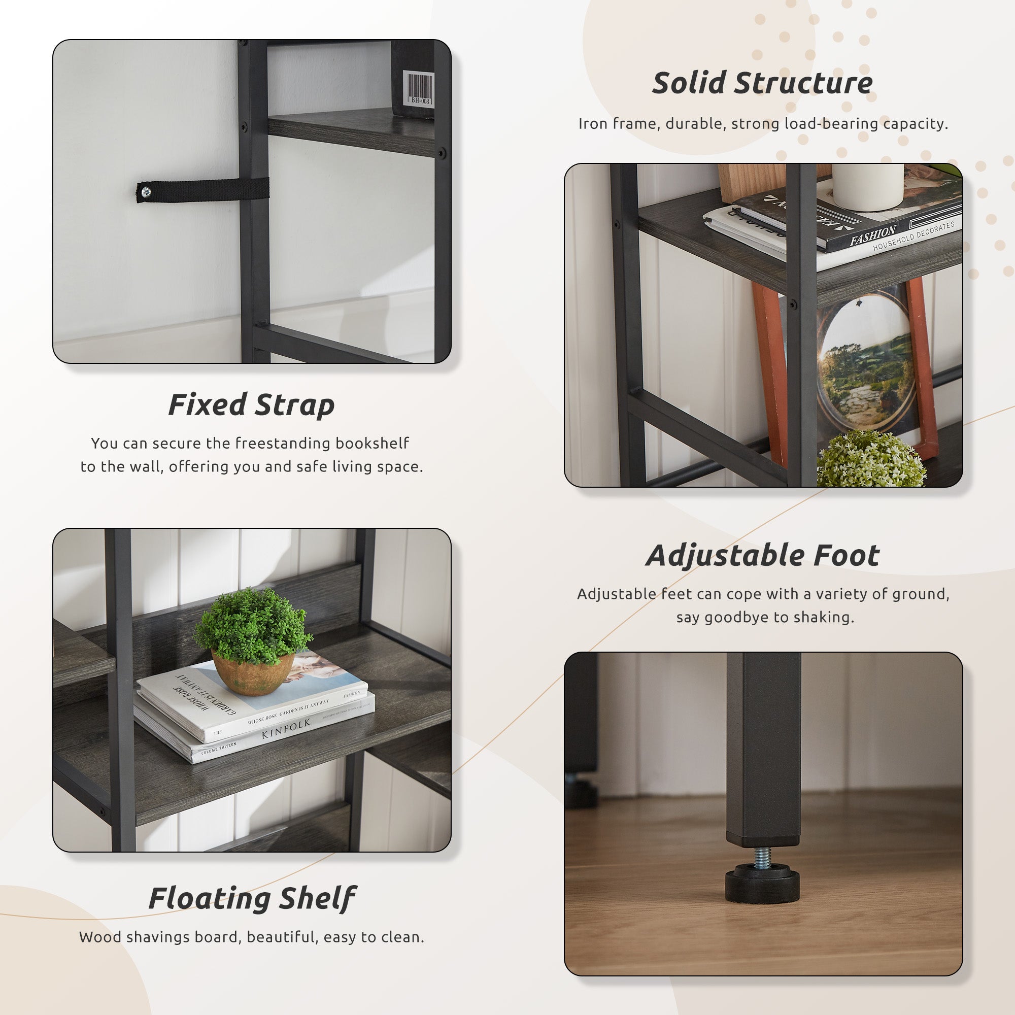 Bibliothèques triples larges à 5 étagères de style industriel rétro en bois pour la maison et le bureau, grandes étagères ouvertes gris foncé