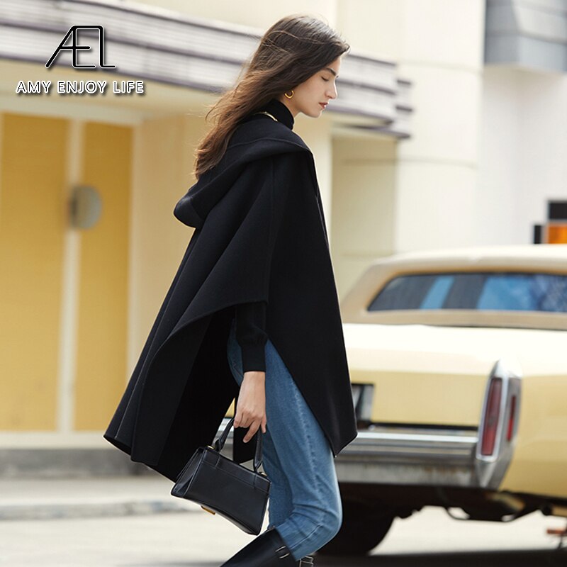 Poncho en laine au design original et personnalisé, idéal pour la photographie de rue, nouveau manteau court à capuche pour femme en automne et en hiver