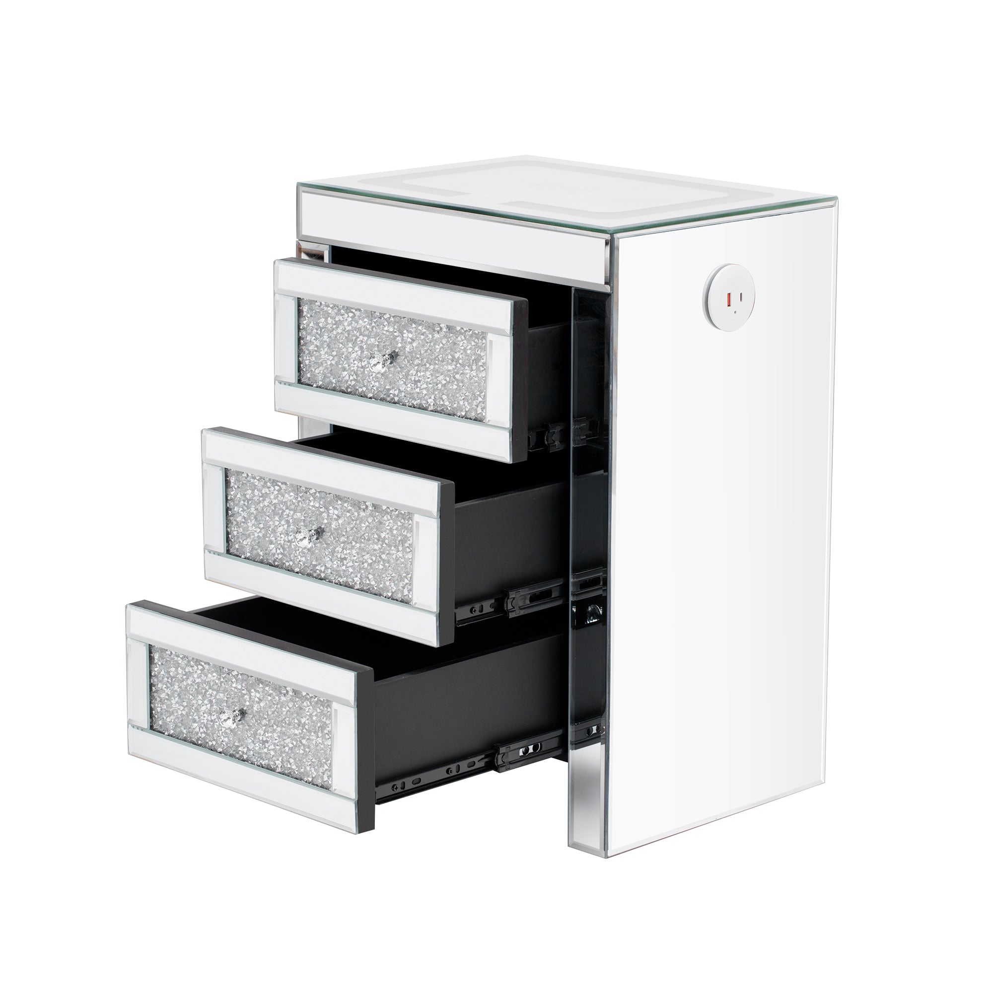 Table basse rectangulaire argentée miroir U-Can 15,7" W avec fonction de chargement sans fil et USB, lumières LED, poignée de style cristal