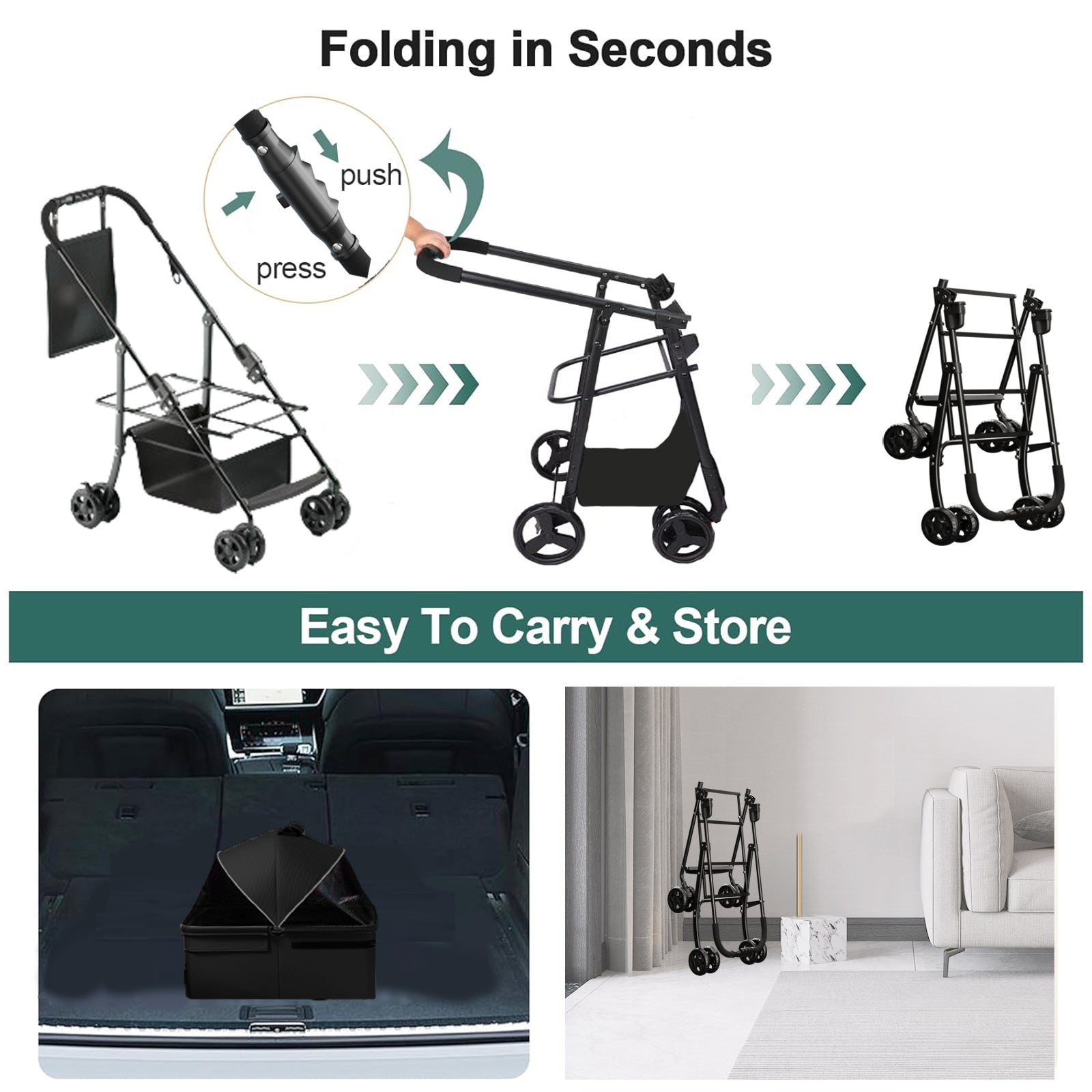 Chariot pliable 2 en 1 pour chien, chariot pliable pour animaux de compagnie, chariot à quatre roues pour chien/chat, coussin imperméable, siège auto, pare-soleil