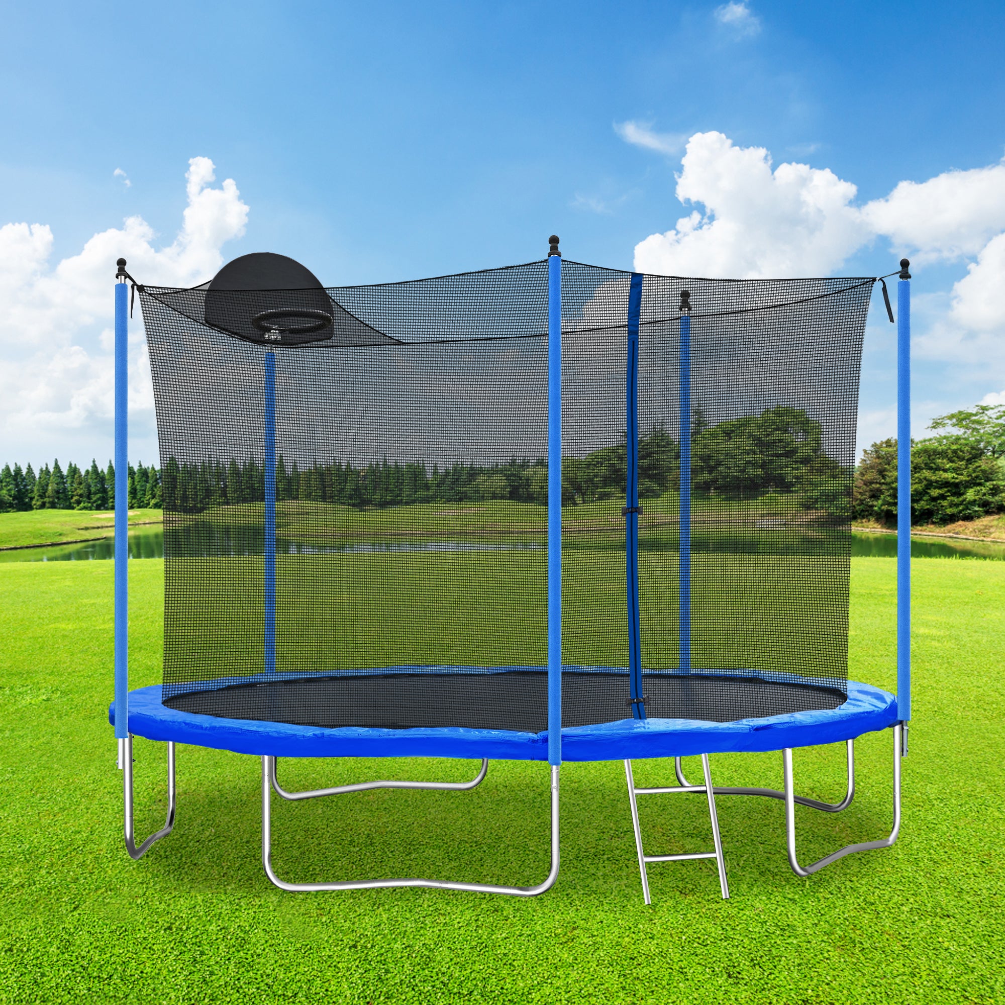 Trampoline de 12 pieds pour adultes et enfants avec panier de basket, trampolines d'extérieur avec échelle et filet de sécurité pour enfants et adultes