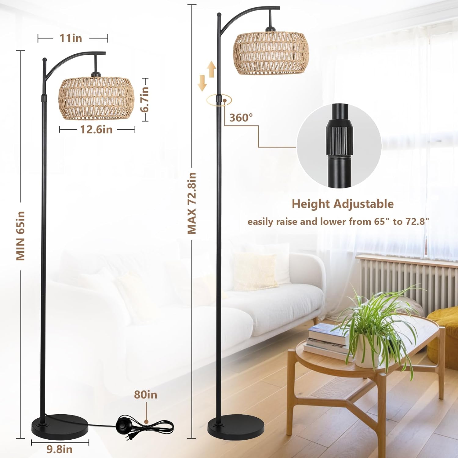 Lampadaire arc avec télécommande, lampadaire LED à intensité variable avec 3 températures de couleur, lampe à poteau haut style ferme bohème