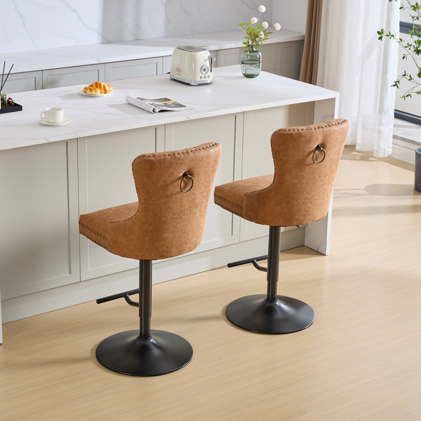 Tabouret de bar rotatif vintage en PU, hauteur d'assise réglable de 25 à 33 pouces, tabouret de bar moderne (orange, ensemble de 2 pièces)