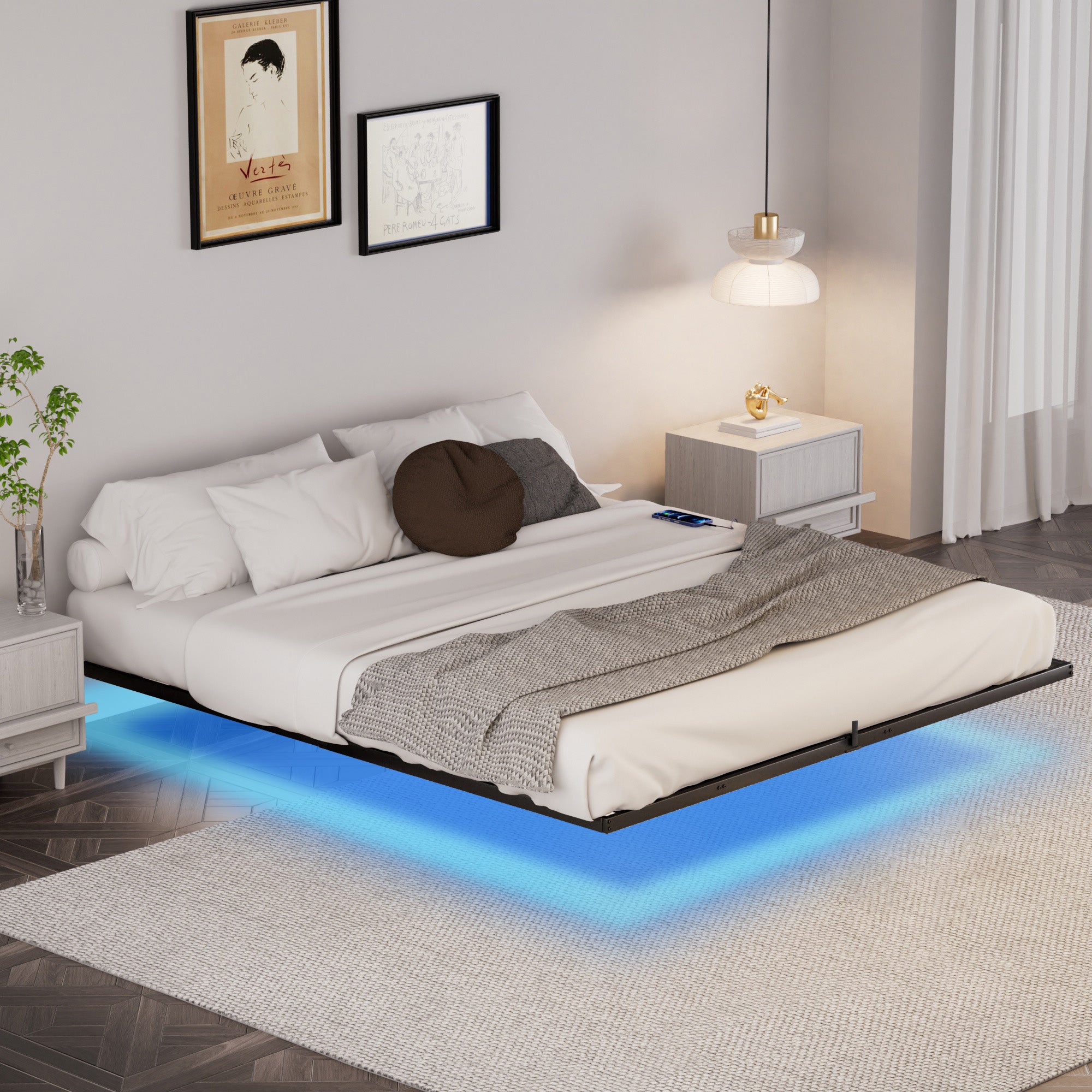 Floating Bed Frame King Size with LED Lights & charging station, Metal Platform Queen Bed, 79.9'' L x 76.2'' W x 7.9'' H.